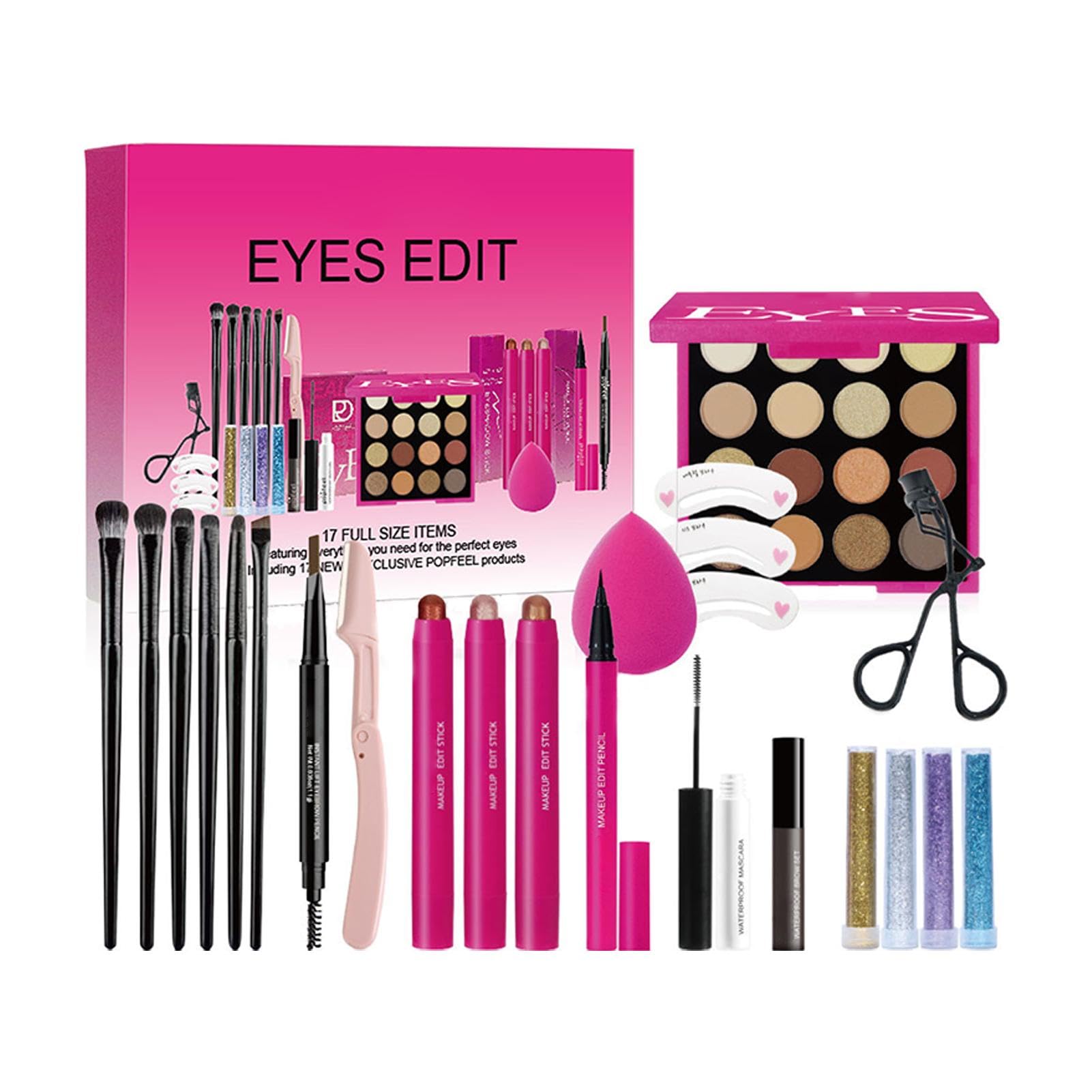 Eye Makeup Kit - Makeup Set for Women | Beginner Makeup Kit | Professional Eyes Make Up Kits | Mascara | Eyeshadow Palette | Eyelash Curler | Brow Stamp Stencil | Eyeshadow Brush and More