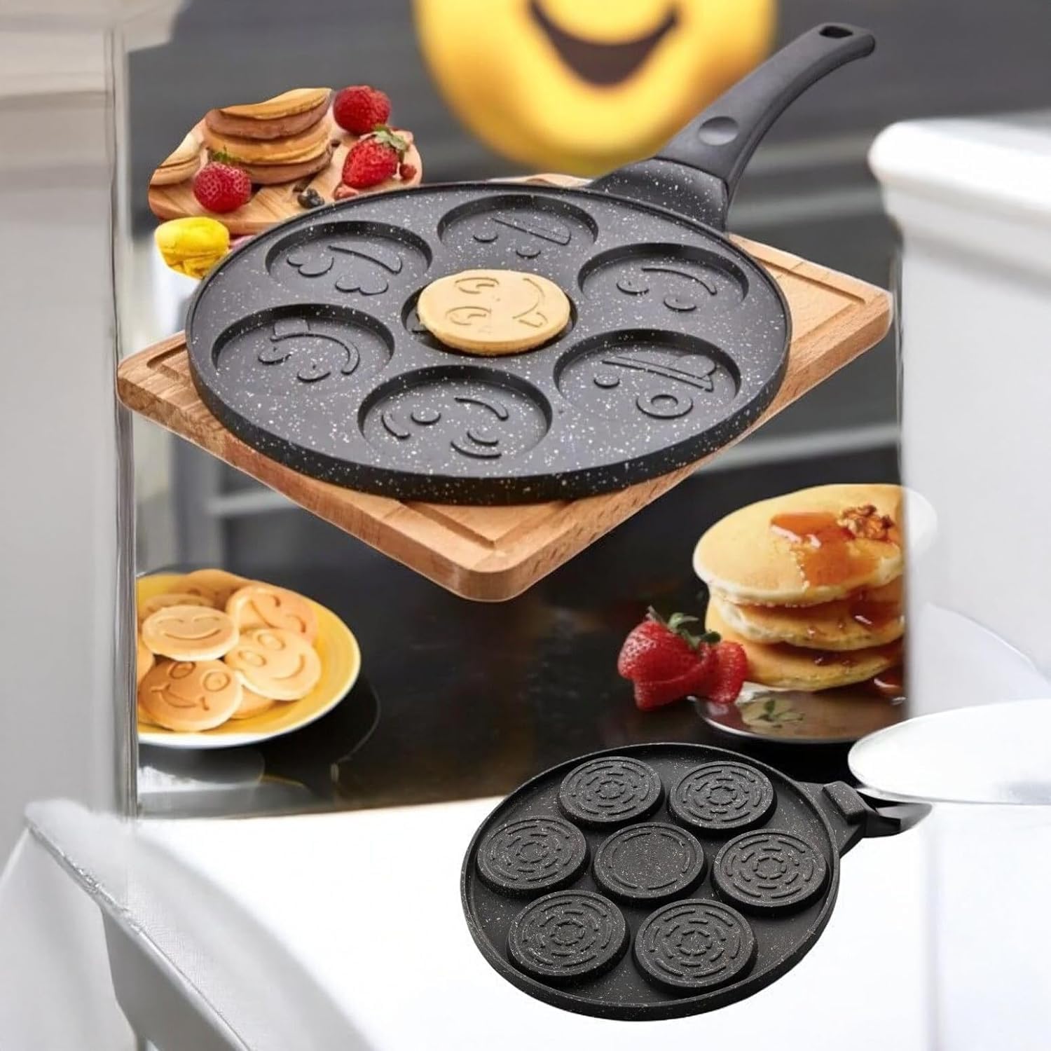 Orret Home 27 Cm Döküm Granit Emojili Pancake Tavası | Yapışmaz Granit Kaplama Krep ve Pancake Tavası | Dayanıklı ve Eşit Isı Dağılımlı Tava