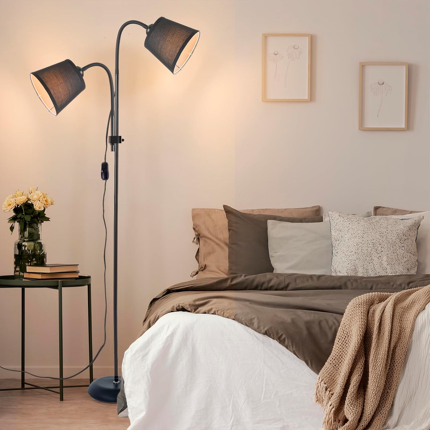 AoMck Floor Lamp, Industrial Metal Floor Lamps for Living Room with Adjustable Bendable 2 in 1 Reading Table Lamps for Living Room Bedroom Office (B2+Black)