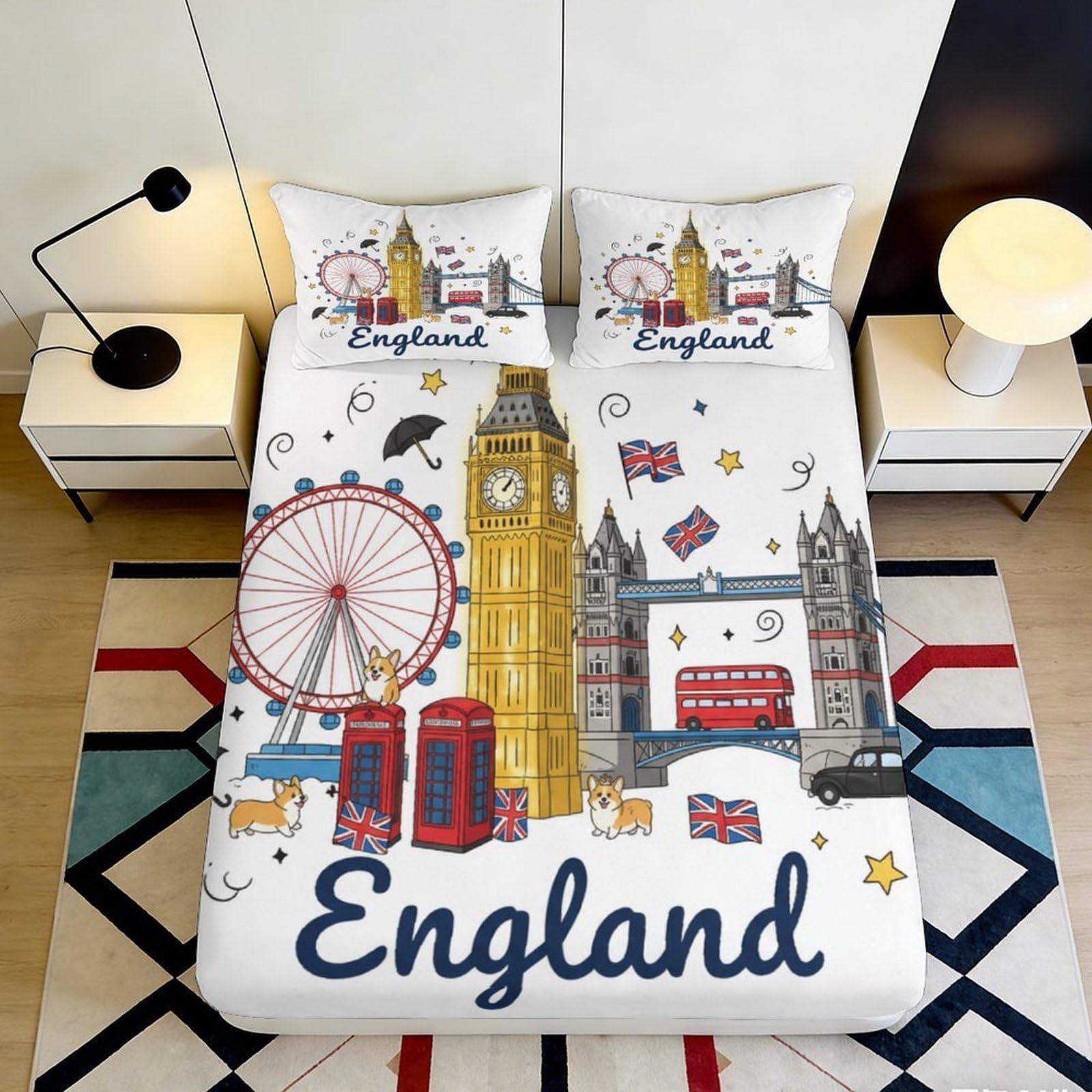 3D Printed England Landmark Fitted Sheet Microfiber London Icon Mattress Cover for Bedroom Guest Room Dorm Decor 200x200x25cm