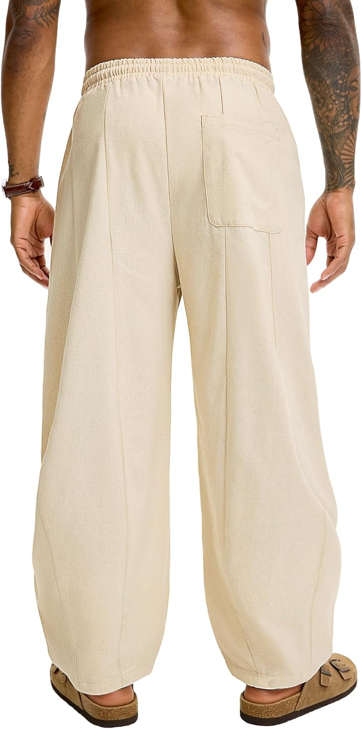 JEMLDL Men's Baggy Cotton Linen Pants Pleated Barrel Leg Trousers Drawstring Summer Beach Casual Pants - Image 2