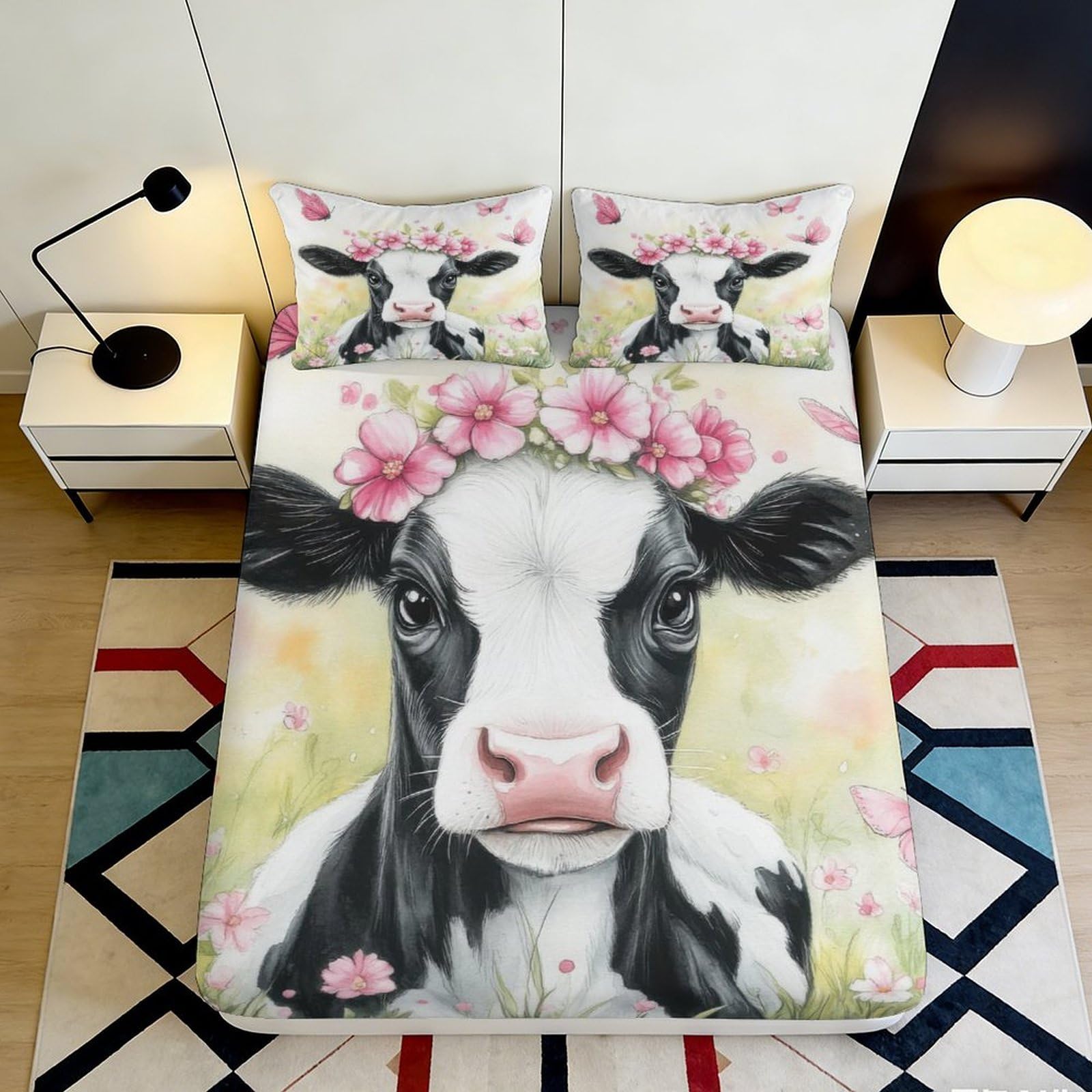 3D Printed Pastoral Cow Fitted Sheet Microfiber Deep Pocket Bedding Set Cow Mattress Fitted Cover Non-Slip Washable for Adults Teenagers 90x200x25cm