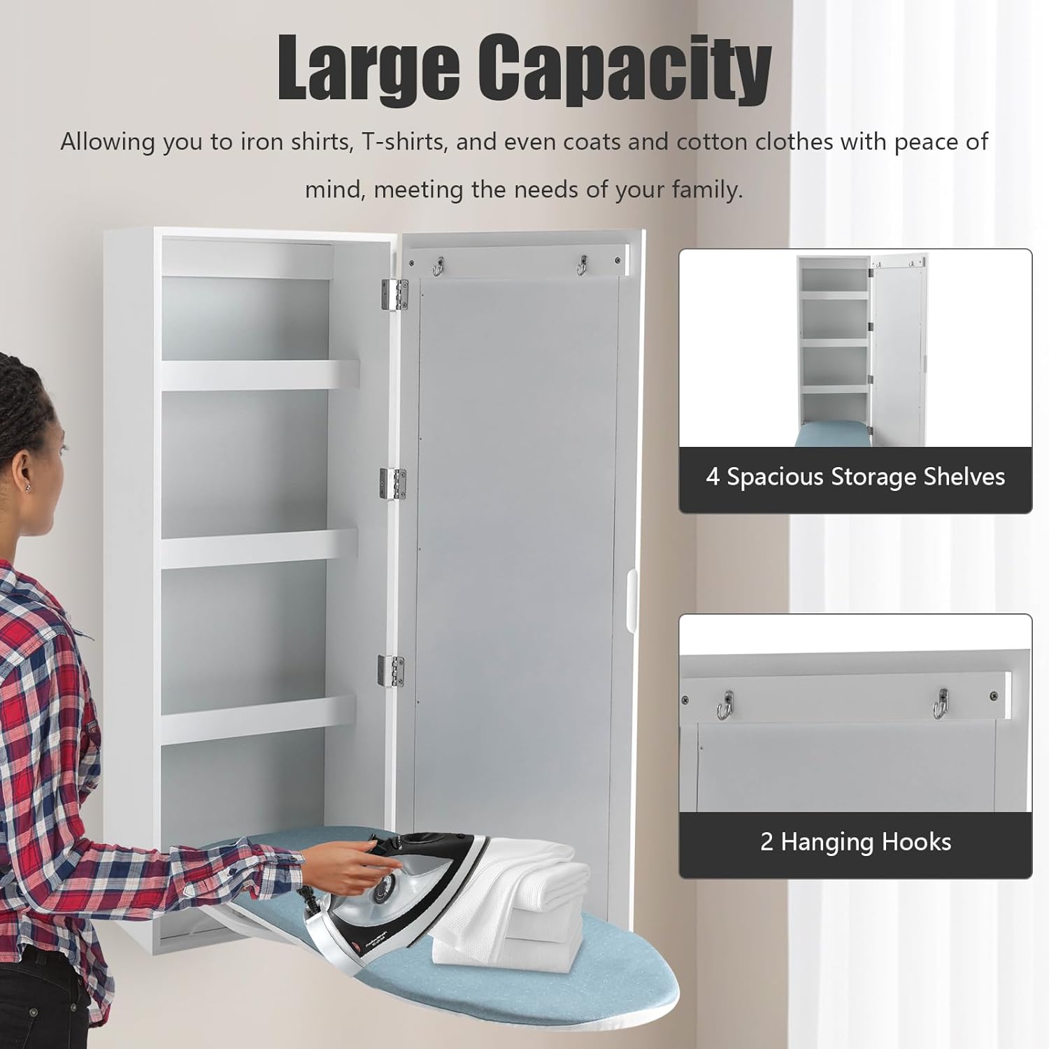 Wall Mounted Ironing Board Cabinet 22Lbs Load Wall Ironing Board with Cabinet Built in Ironing Board with Foldable Support Leg & Mirror Ironing Boards Cabinet Home, Apartment| US Stock