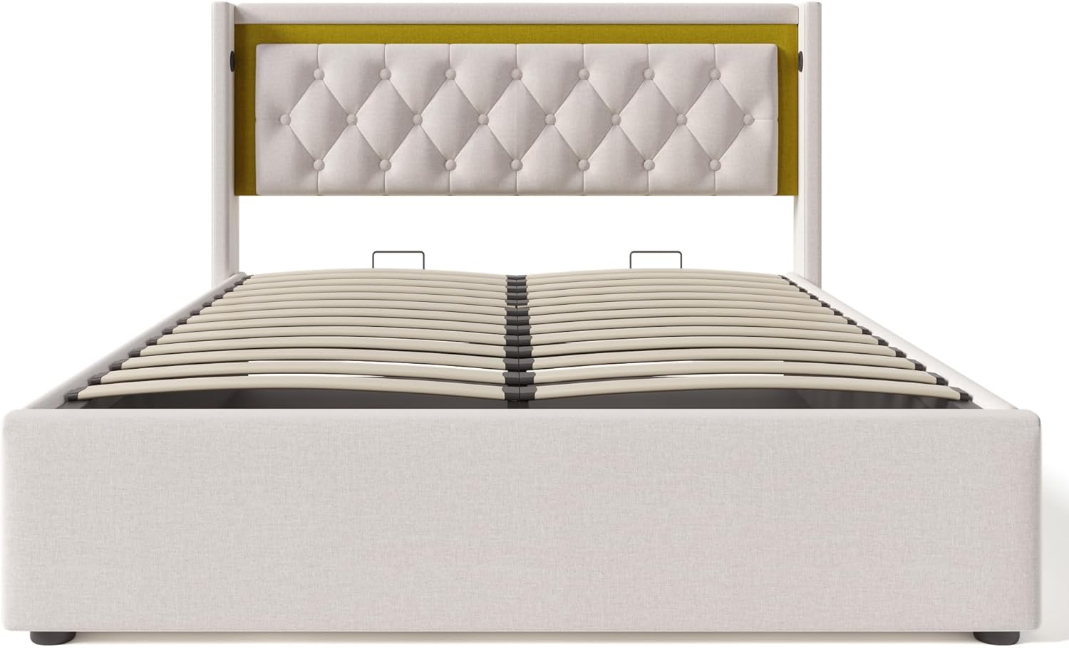 Merax Polsterbett 160x200cm mit LED-Beleuchtung, Hydraulisch Doppelbett mit USB Typ C Ladefunktion Kopfteil, Stauraumbetten Bettgestell mit Lattenrost, Baumwolle, Jugendbett, Ohne Matratze, Beige 160 x 200 cm Beige-baumwolle