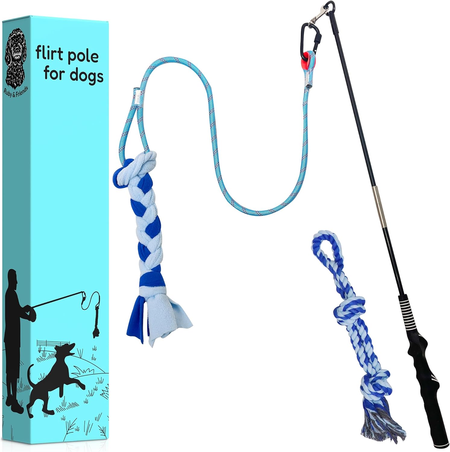 Ruby & Friends Flirt Pole for Dogs is Perfect for Large, Medium & Small Dogs, with 2 Attachments, The Dog Flirt Pole is 35″ in Length and Comes with a Fleece Tether Toy and Rope Attachment