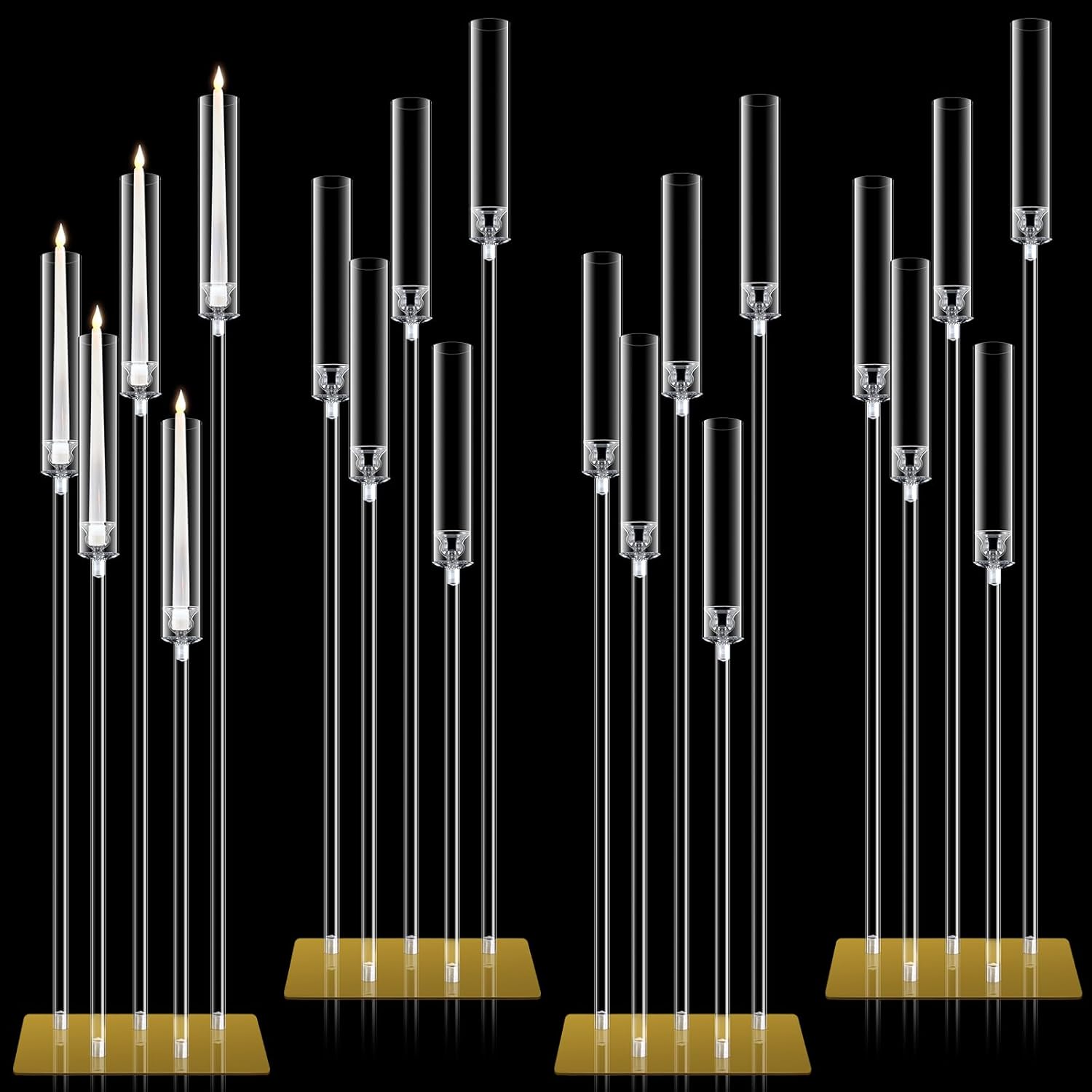 Tessco 4 Set Floor Candelabra 5 Arm 46.5'' Tall Clear Candle Holders, Candelabra Centerpieces for Tables, Acrylic Candlestick Set with Clear Lampshade Gold Metal Base for Wedding Party Home Decoration
