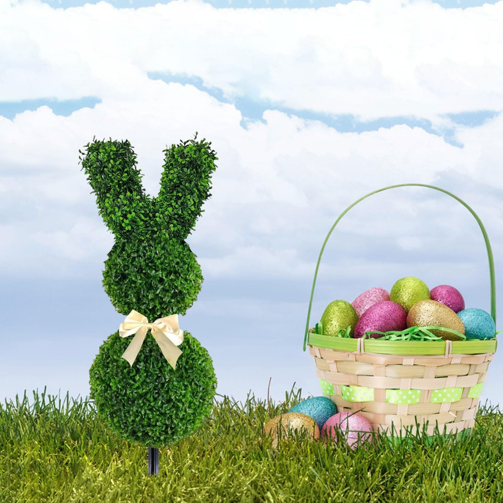Bunny Topiary Trees With Lights - 2-Pack 36 Inch Artificial Boxwood Bunny Decor For Easter & Garden