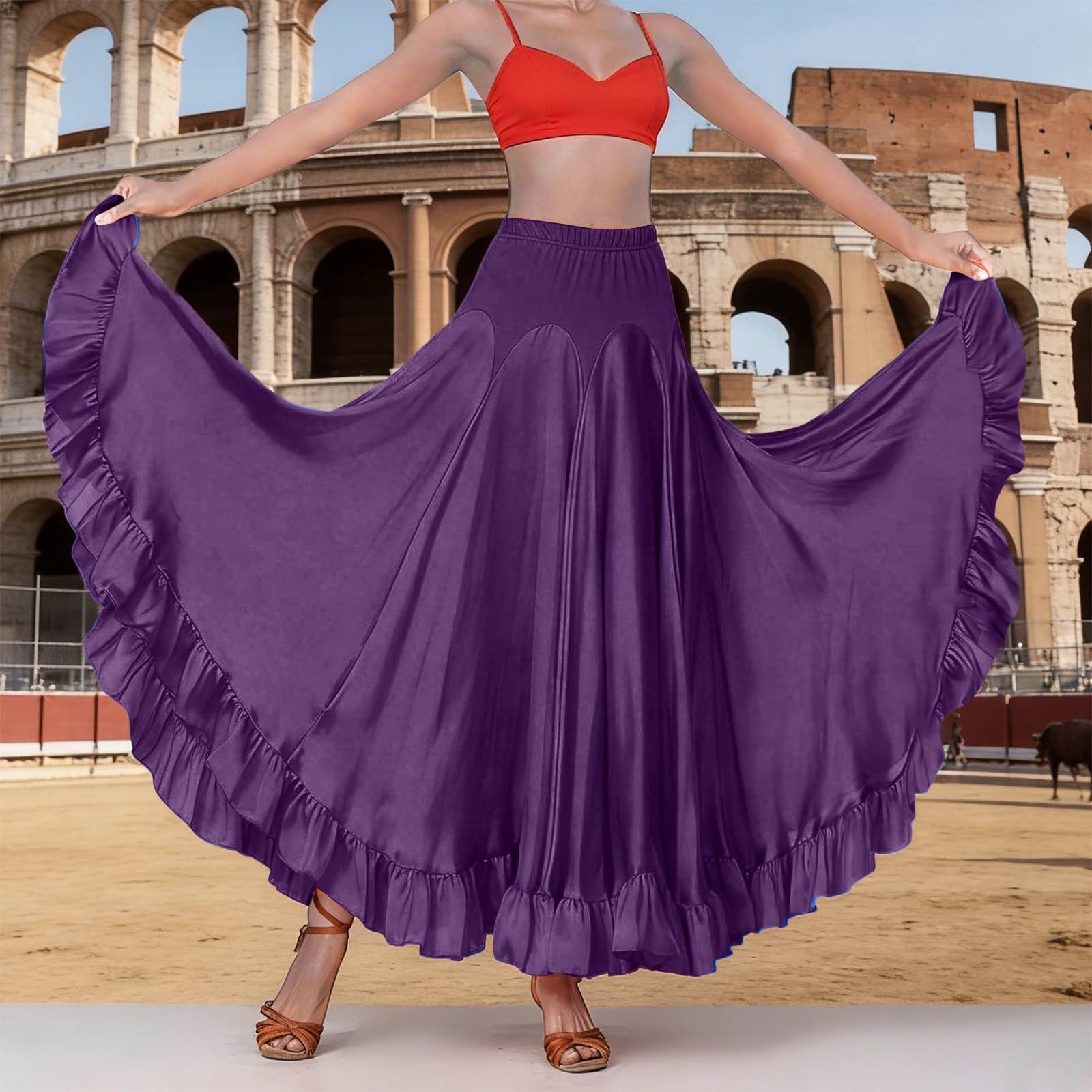 Jupe Danse du Ventre Satin Cercle Complet Femme, Jupe Multicouches Volants pour Flamenco Andalouse, Performance Danse Orientale, Tenue Scène Professionnelle Soirée Costume, Carnaval