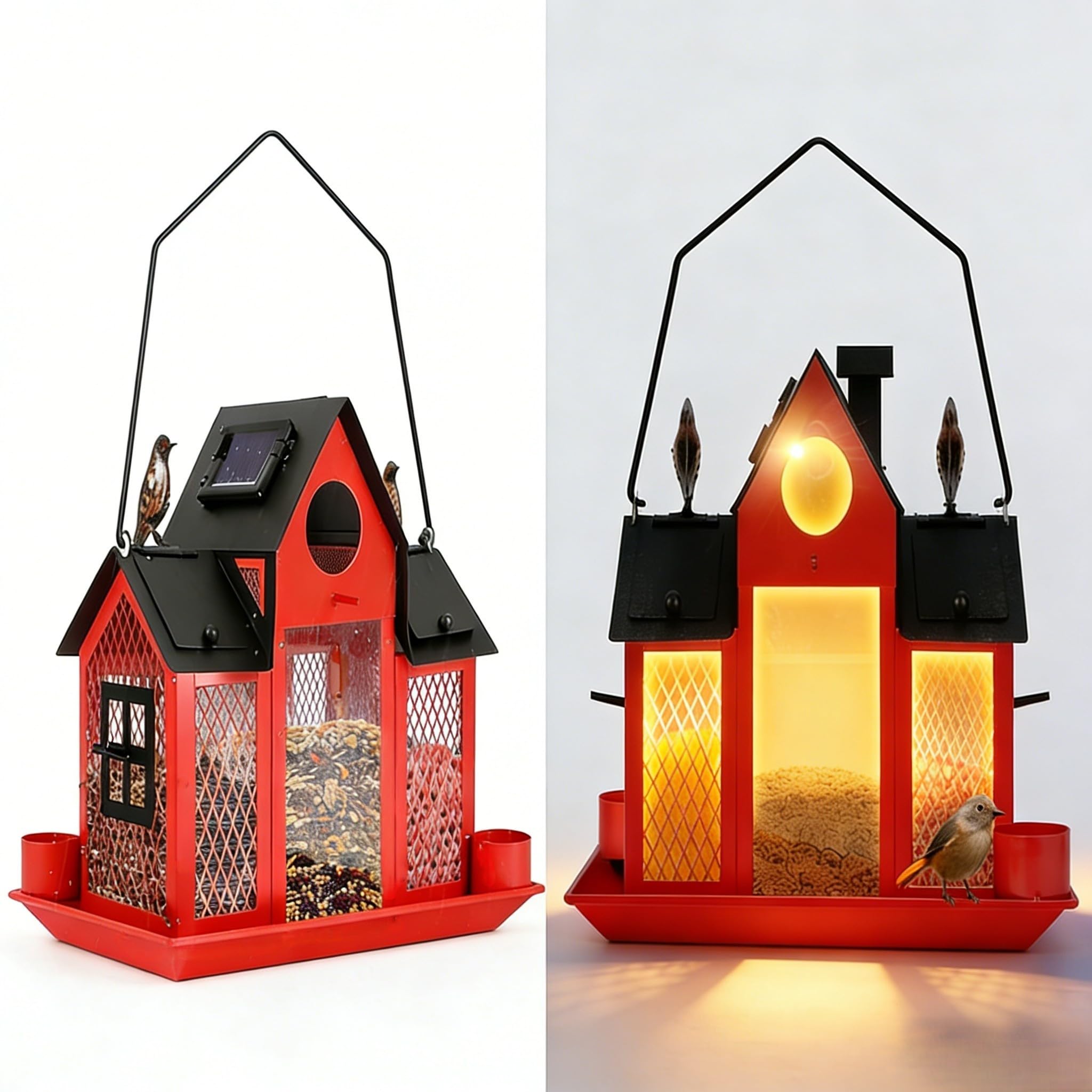 Comedero solar de metal para pájaros para luz de jardín, gran capacidad de 5 libras para colgar, comedero para pájaros silvestres, estación de alimentación al aire libre a prueba de óxido