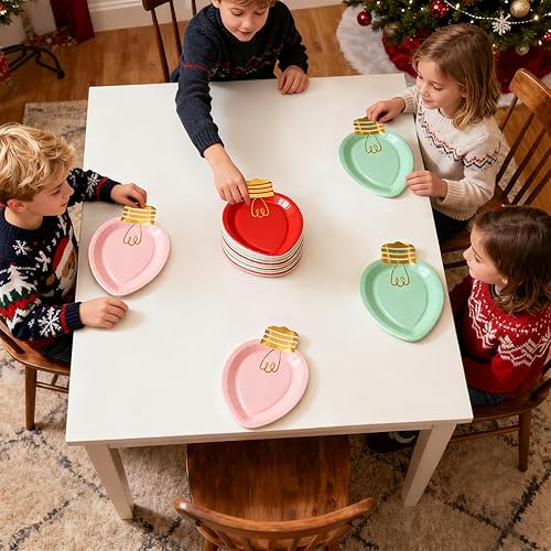 Miniatura 5 de Whaline 30 platos de papel de Navidad de lámina dorada, platos desechables con forma de luces de Navidad, rojo, rosa, verde, para Navidad,