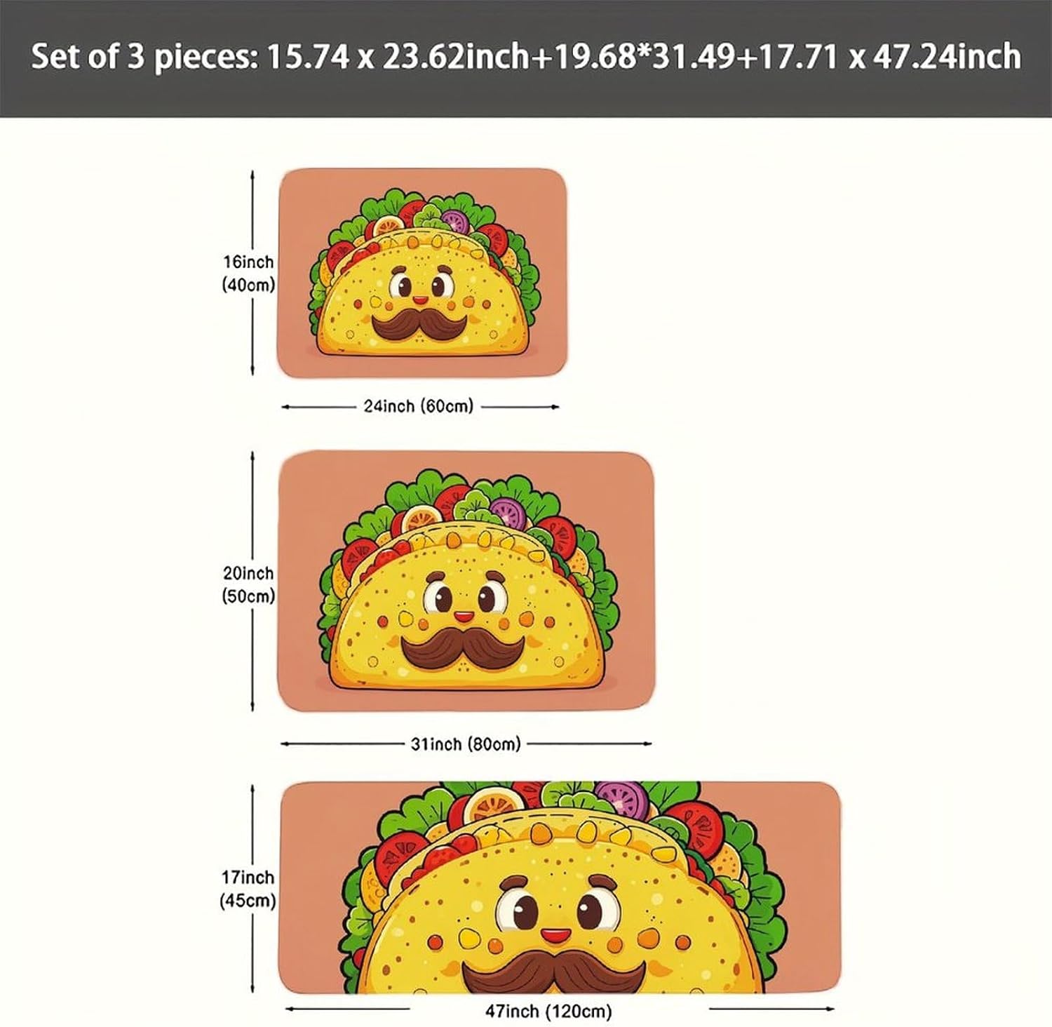 Mexican Corn Rolls with Bearded Faces Kitchen Mats for Floor 3 Pcs Kitchen Rugs