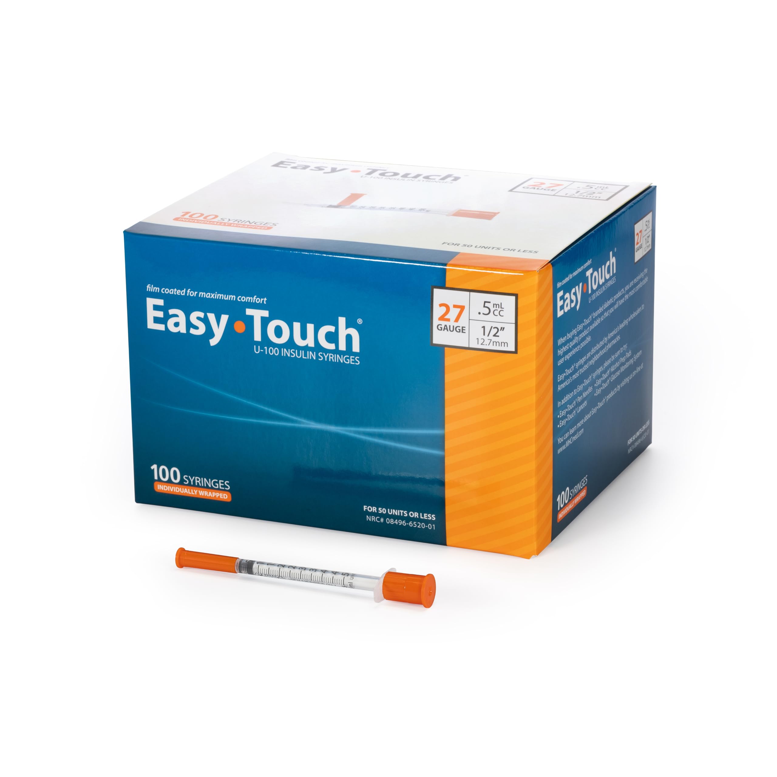 EasyTouch IW U-100 Insulin Syringes (27G 0.5cc 1/2") - 100 ct.