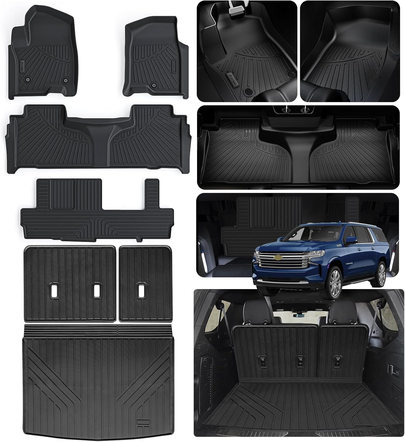 Floor Mats for 2021-2025 Chevrolet Chevy Suburban 8 Seats (2 Row Bench Seat) & Trunk Mat & Backrest Mat, TPE All Weather Protection Floor Liners with Cargo Liners Covering The Backrest 2021-25|Suburban 8|Full set