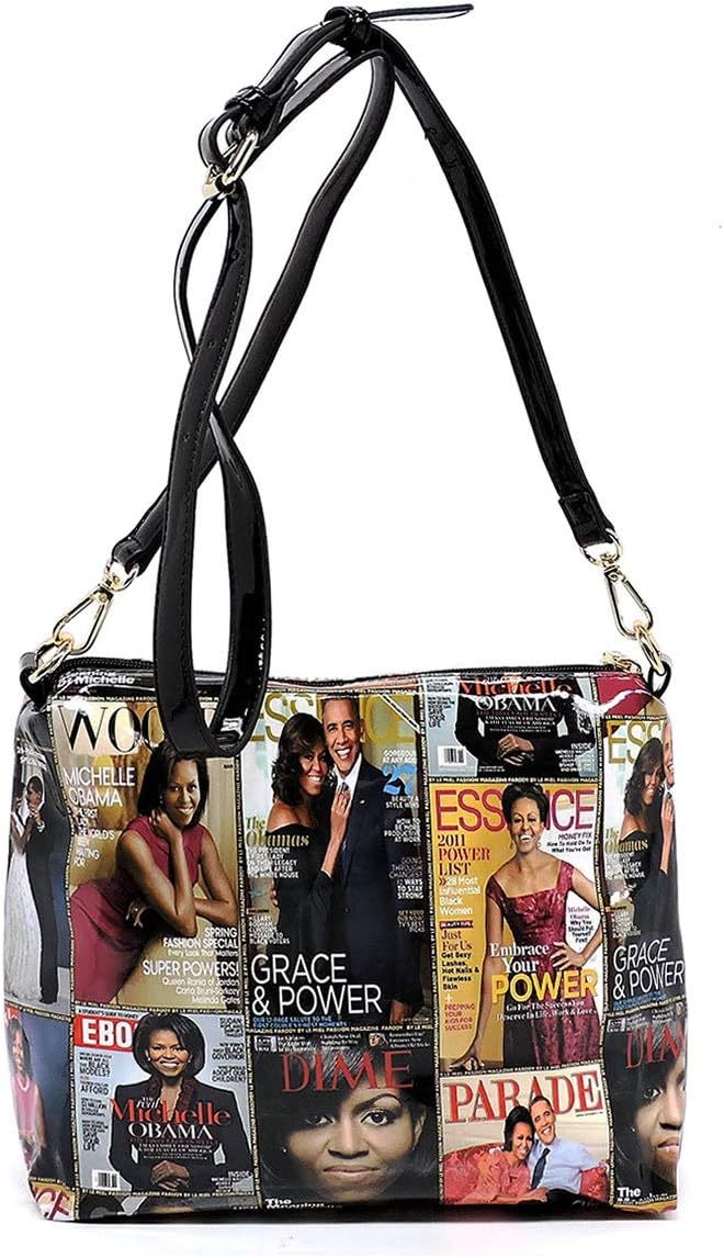 Magazine Cover Collage Michelle Obama Printed Square Hobo bag + Crossbody purse + Wallet 3pcs Set (Multi)