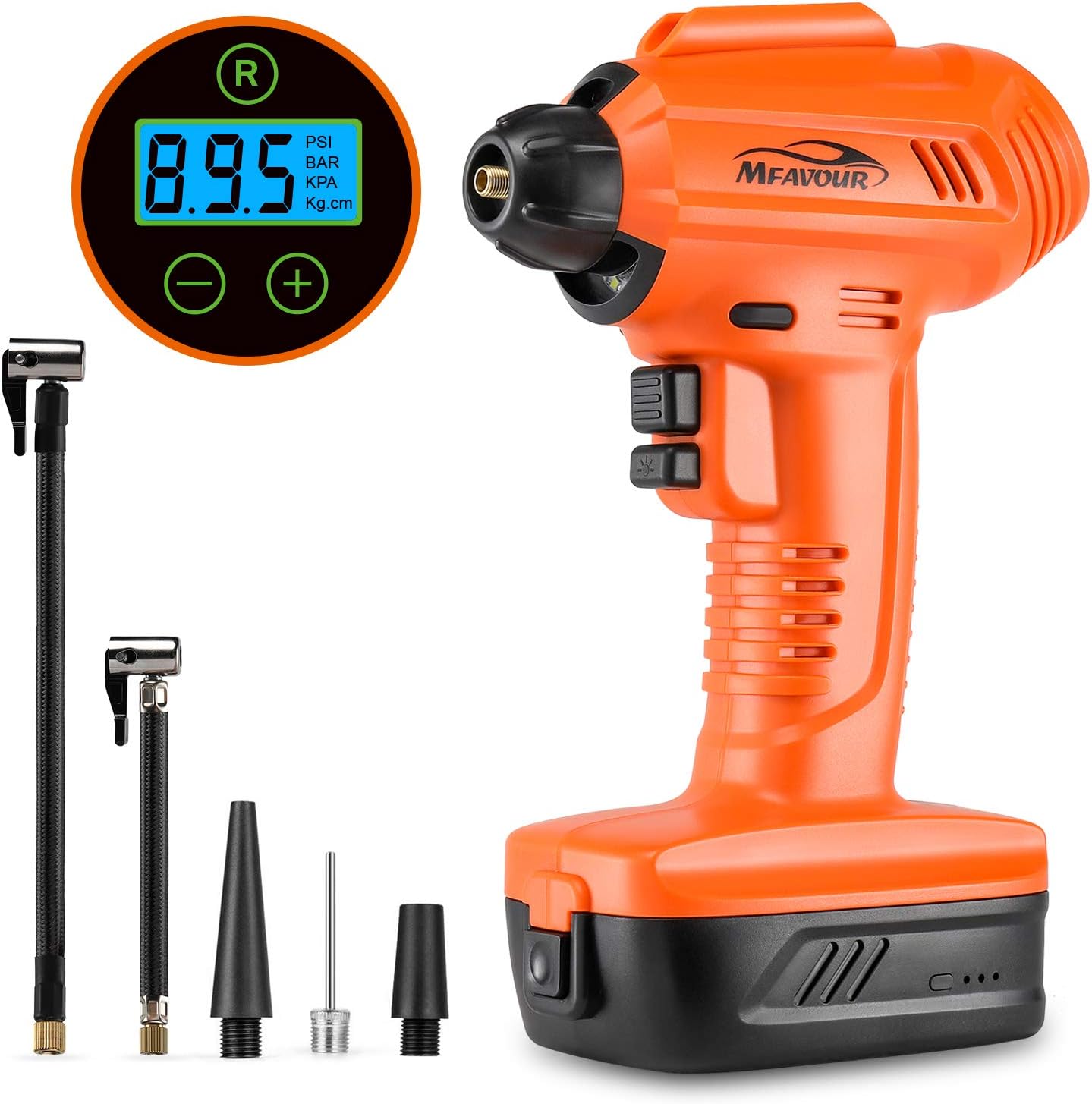 mfavour Car Tyre Inflator Air Compressor Cordless Handheld Electric Car Tyre Pump, Portable with Digital Pressure Gauge and LCD Display, LED Light, Rechargeable Battery 2200mAh 12V