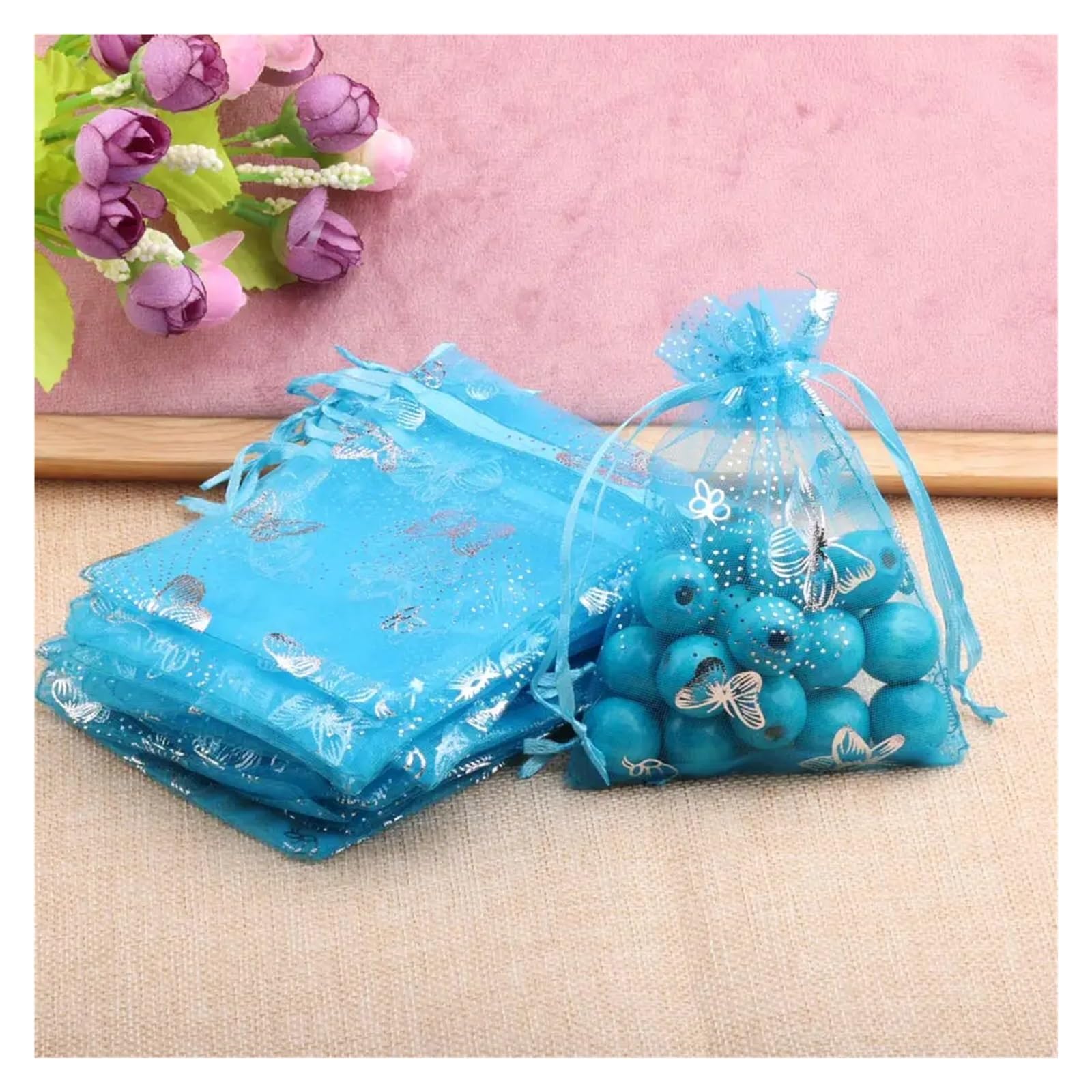 Pochon Tissu Lot de 50 sachets Cadeaux en Organza avec Motif Papillon et Cordon de Serrage(10fuchsia,13x18cm)
