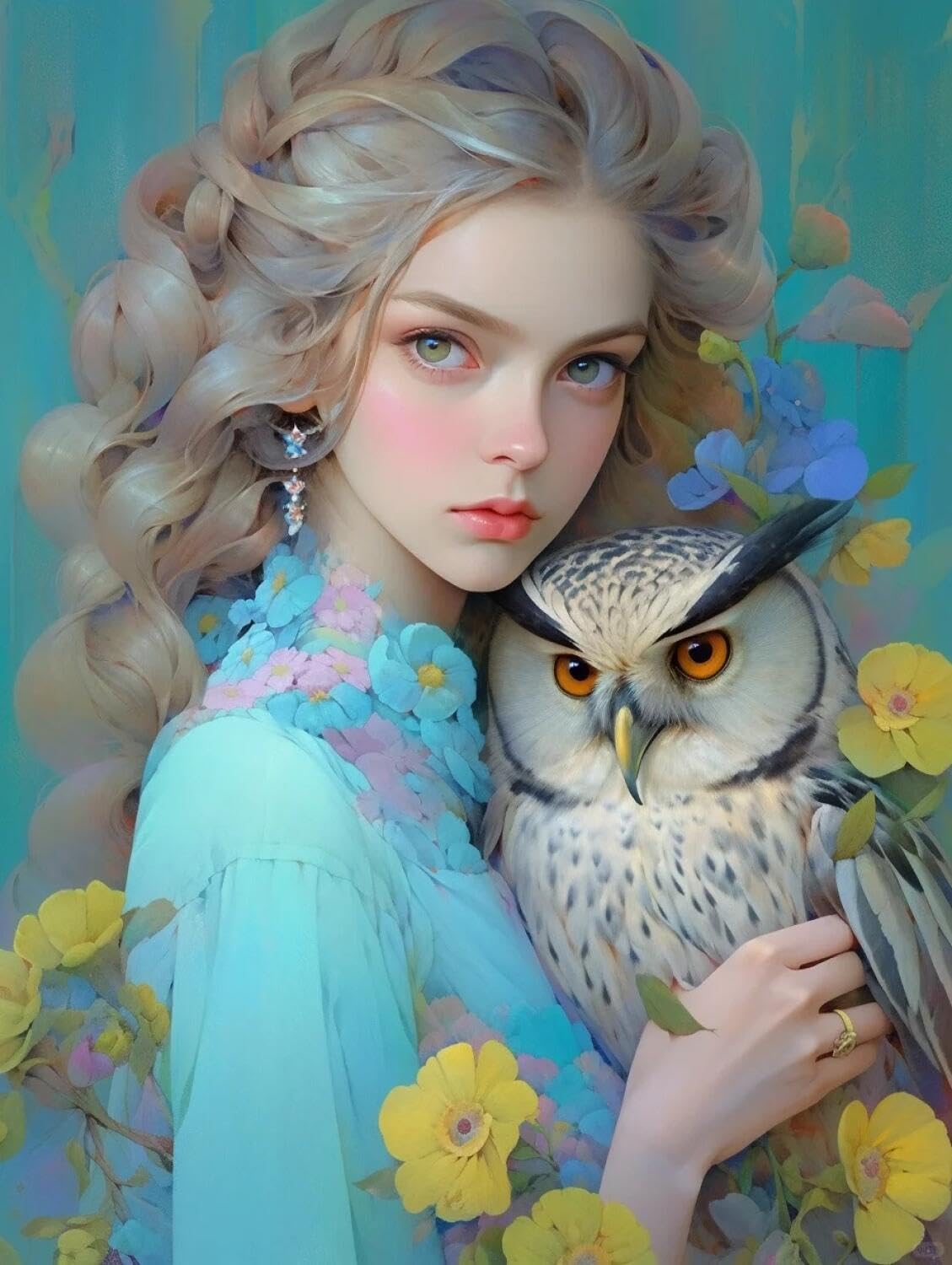 Rqwybcaxn Stamped Beaded Cross Stitch Kits Woman and Owl 40x50cm