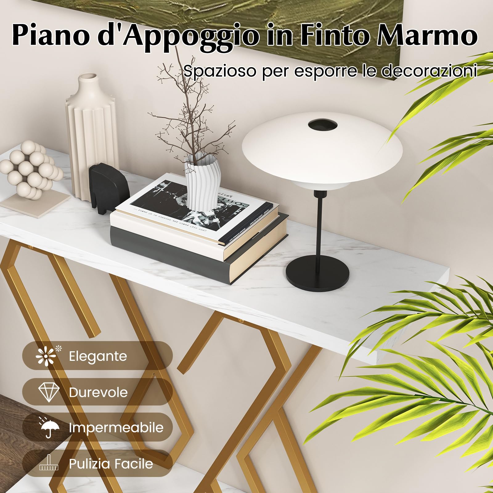 COSTWAY Tavolo Consolle 100cm, Tavolo d'Ingresso con Piedini Regolabili, Kit Antiribaltamento e Struttura in Metallo, Tavolino da Divano per Soggiorno, Ingresso e Corridoio (Bianco e Oro)