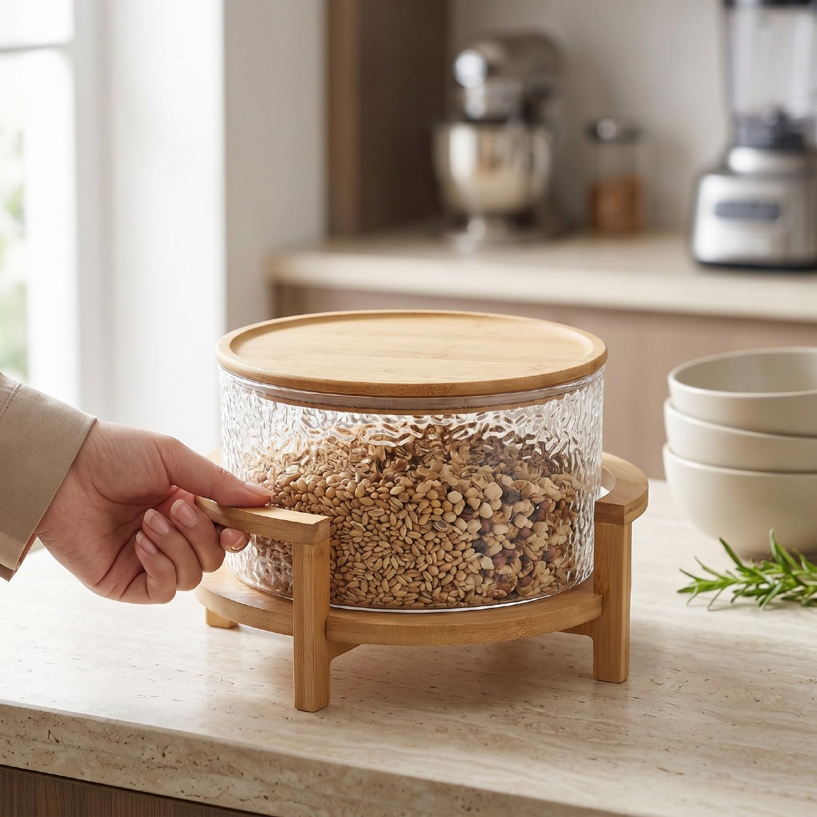 Fdit Ensaladera de Vidrio, Juego de Cuencos de Vidrio de Gran Capacidad de 4,3 L con Base de Madera y Tapa a Juego para Comidas Familiares, Fiestas, Postres de Frutas