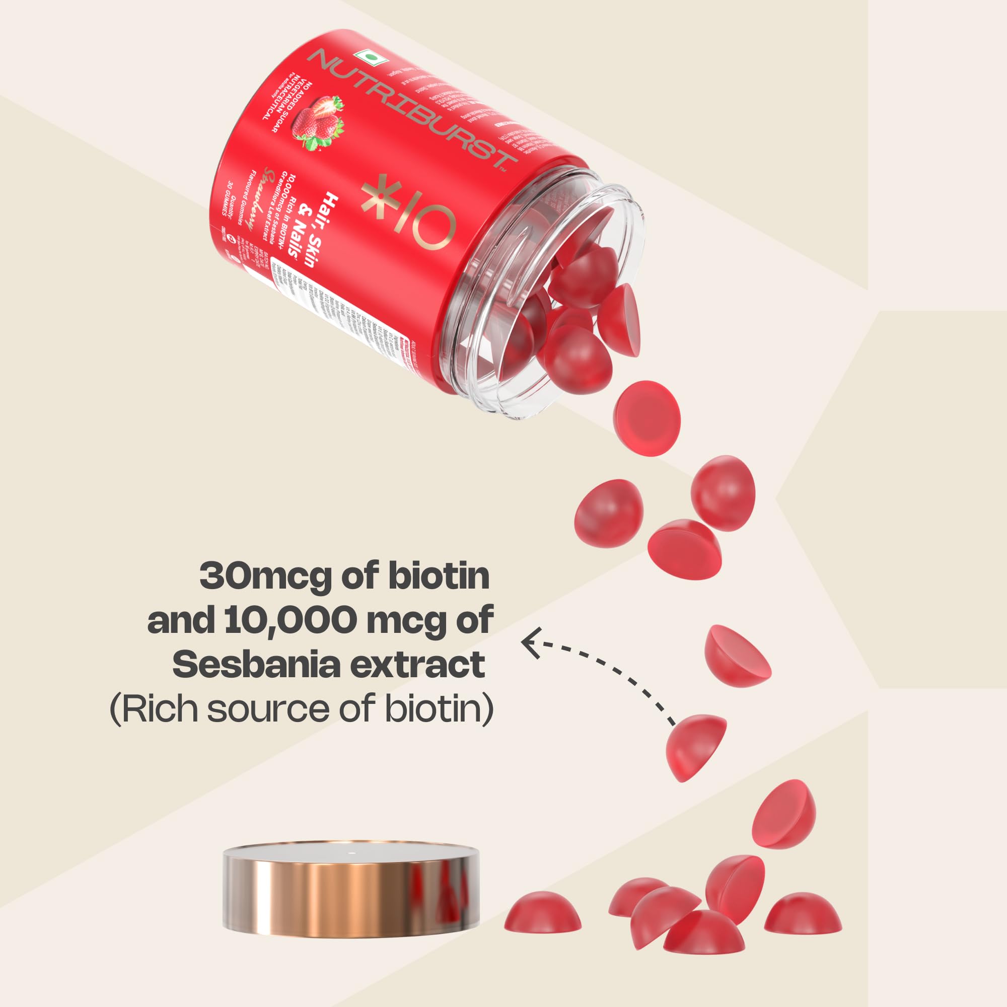 Nutriburst Biotin Gummies for Healthy Hair, Skin & Nails Growth | With High Potency 10000 mcg of Sesbania Extract Natural Biotin,Folic Acid & Multivitamins | No Added Sugar, Strawberry Flavor|30 Gummy 3