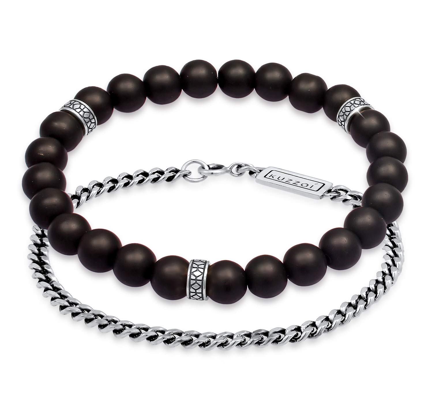 Kuzzoi Herren Armband Set bestehend aus einem elastischen Onyx Edelstein | Armband mit Silber Beads und einem Panzerarmband 925 Silber oxidiert Länge 19-21 cm