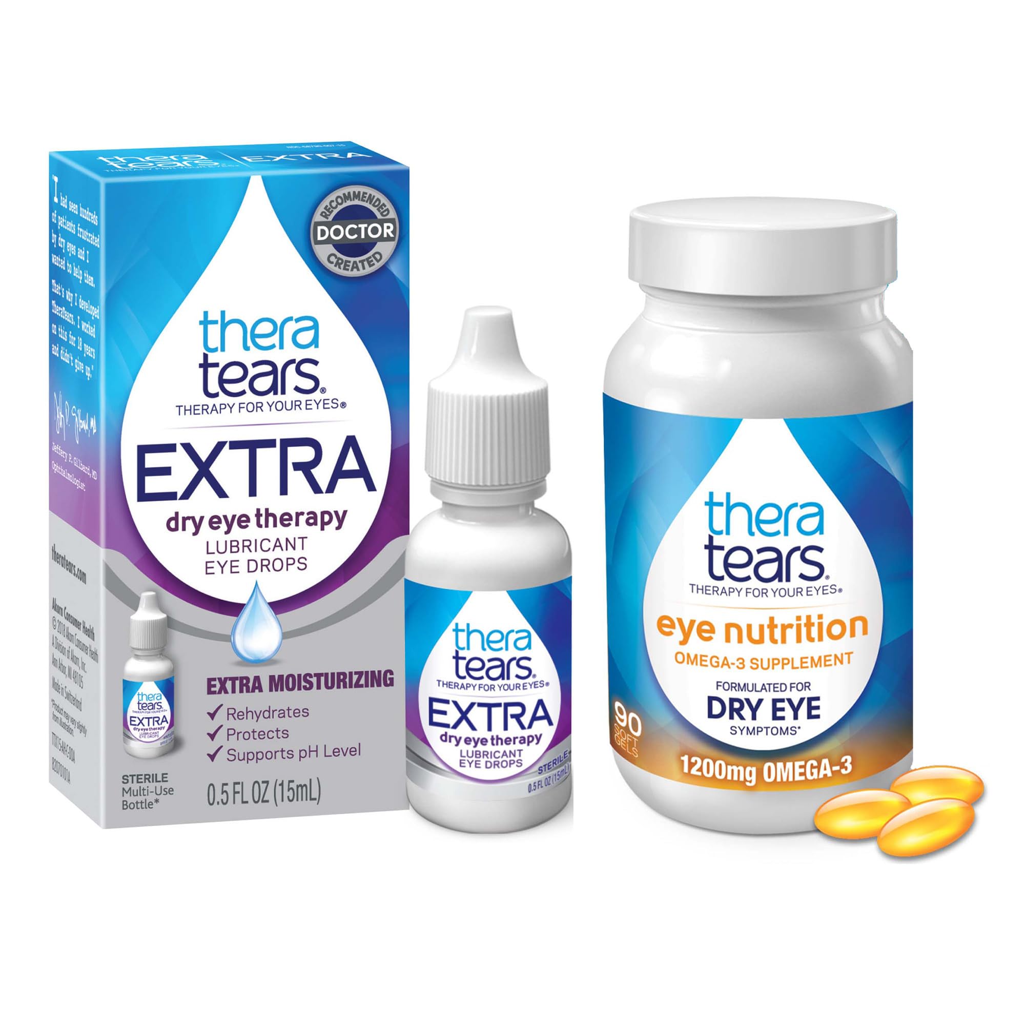 TheraTears 1200mg Omega 3 Supplement for Eye Nutrition Organic Flaxseed Triglyceride Fish Oil VIT E 90 Count Eye