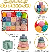 Vista 2 de SpringFlower 3 in 1 Montessori Toys for Babies 0-3-6-12 Months, Soft Baby Teething, Stacking Building Blocks for Infants, Sensory Developmental