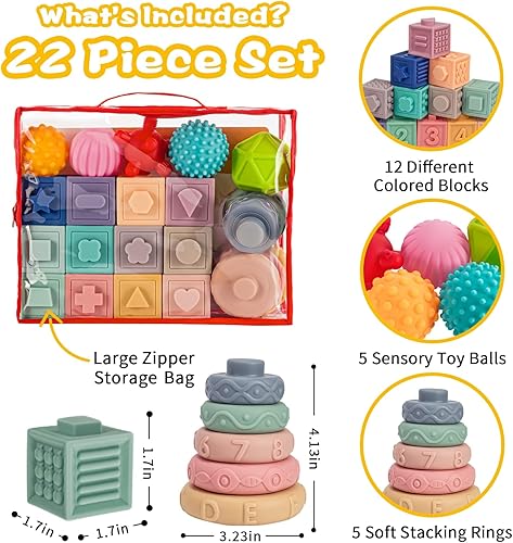 Miniatura 2 de SpringFlower 3 in 1 Montessori Toys for Babies 0-3-6-12 Months, Soft Baby Teething, Stacking Building Blocks for Infants, Sensory Developmental