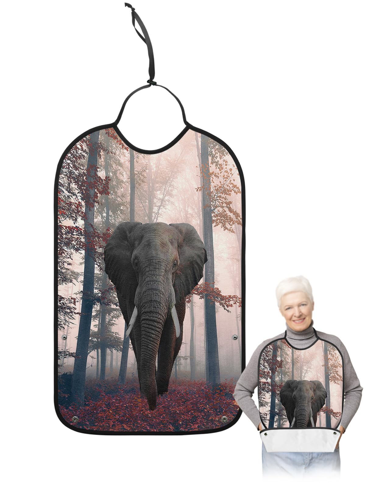 Red Maple Leaf Forest Adult Bibs for Eating, Waterproof Bibs with Food Catcher & Adjustable Snap Closure, Autumn Farmhouse Elephant Washable Clothing Protectors Adult Bibs for Elderly Women/Men