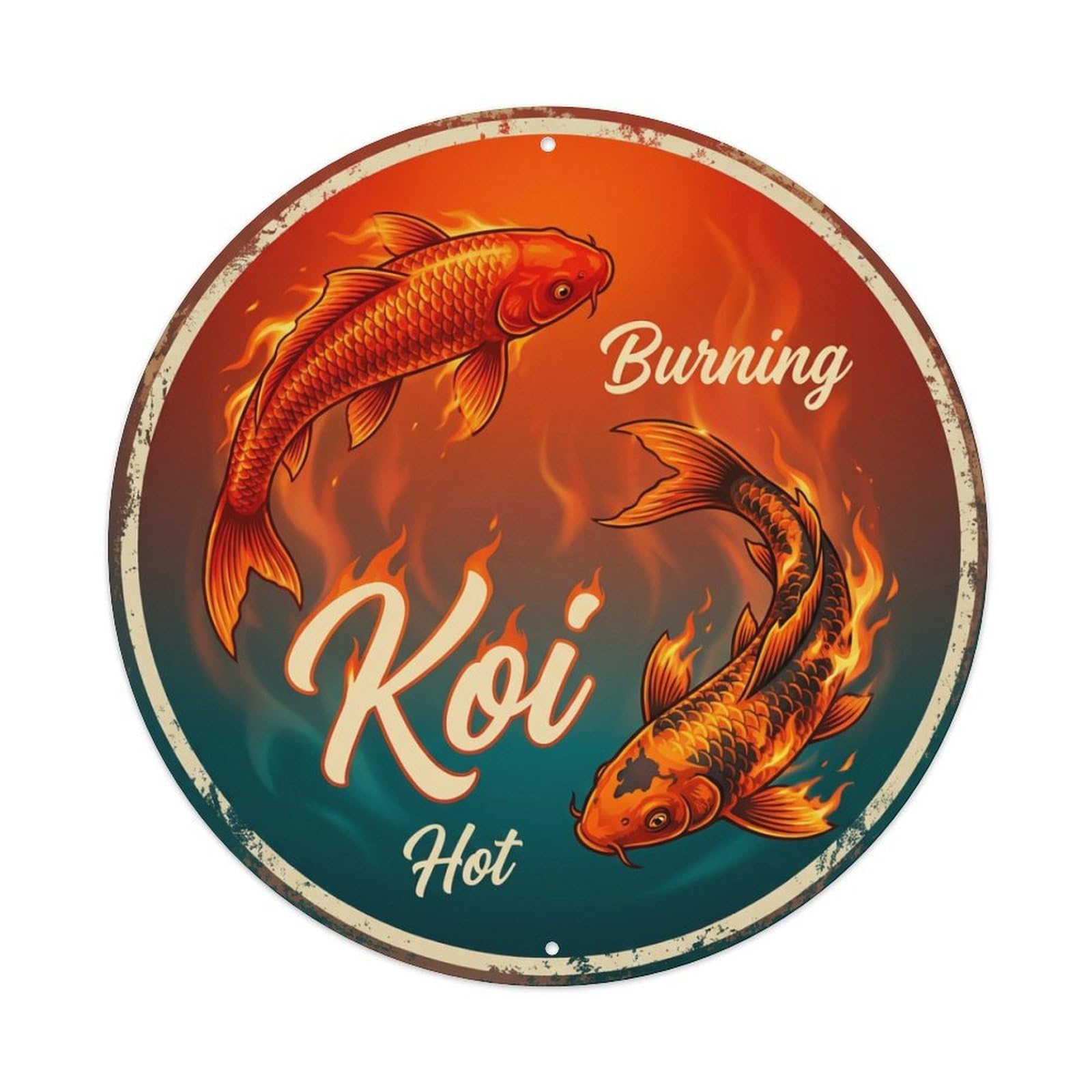 Metal Tin Sign Koi Fish Blazing Fire Japan Retro Art Print