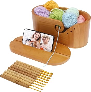 Yarn Bowl,Wooden Yarn Ball Storage with Removable Lid for Crocheting and Knitting,Handmade Crocheting Accessories Organizer with 9pcs Crochet,Ideal Gifts Set for Knitters,10.8 5.4 4.8in