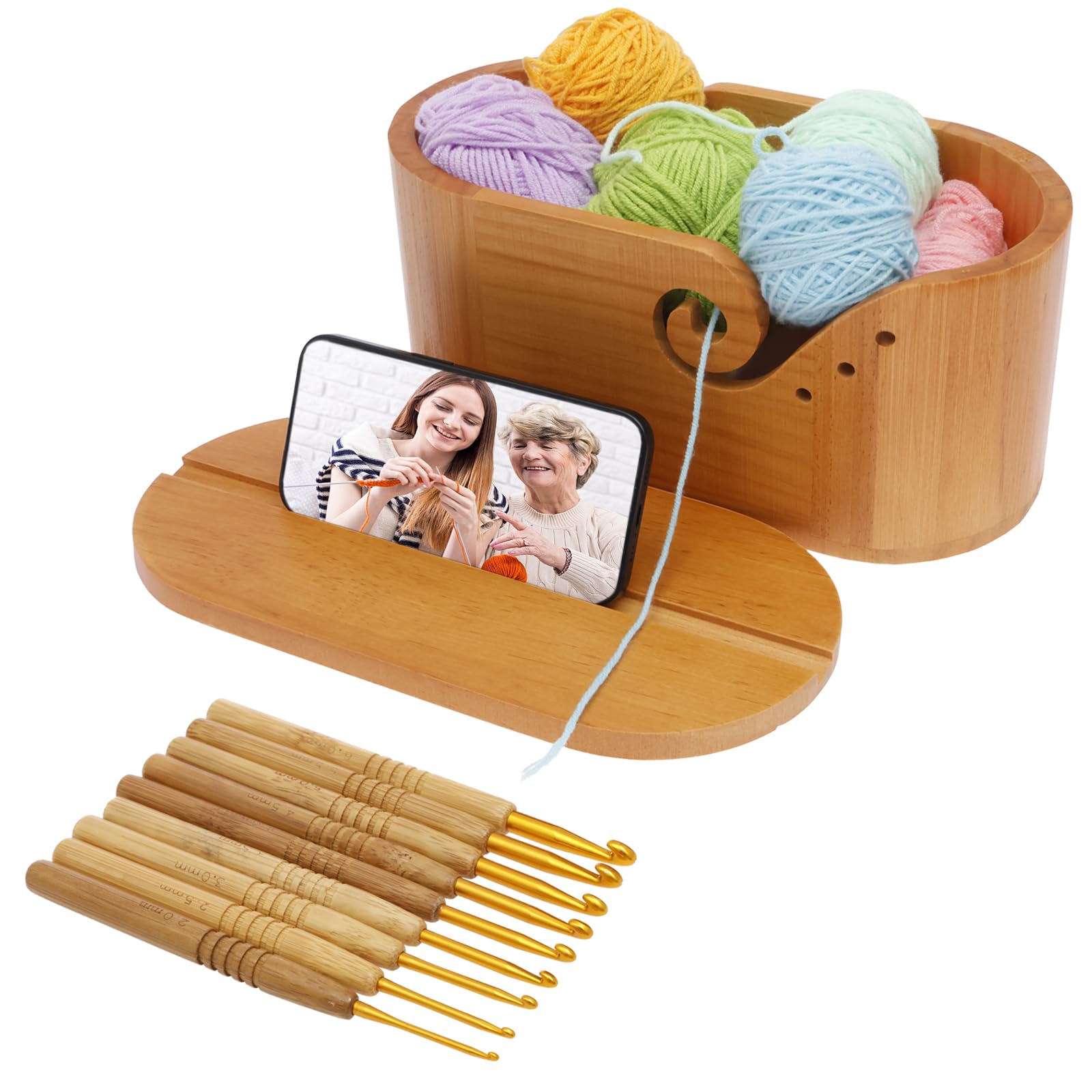 Bobash Wood Oval Yarn Bowl With 9Pcs Knitting Hooks Large Capacity Crochet Yarn Bowl With Lid And Double Curling Slots For Knitters Crocheters