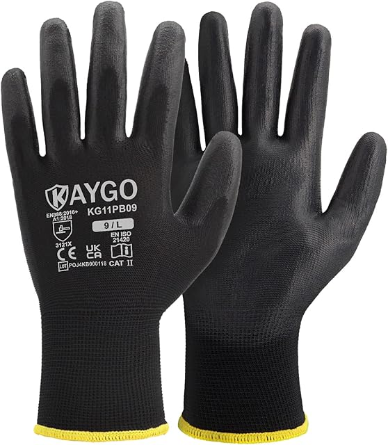 KAYGO Work Gloves PU Coated-12 Pairs, KG11PB, Black Safety Working Gloves with Secure Grip on Palm & Fingers, for Men and Women, Ideal for General Duty Work, Gardening(Large, Black)
