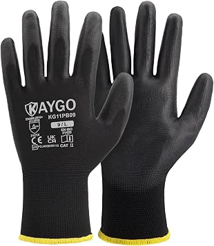 KAYGO Work Gloves PU Coated-12 Pairs, KG11PB, Black Safety Working Gloves with Secure Grip on Palm & Fingers, for Men and Women, Ideal for General Duty Work, GardeningLarge, Black