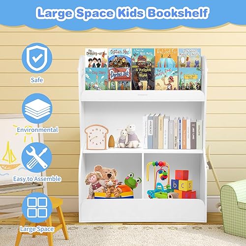 Miniatura 4 de Asweets Estantería infantil 2 en 1 y cubo de almacenamiento de juguetes Montessori, estantería de madera para niños de 3 niveles, apta para