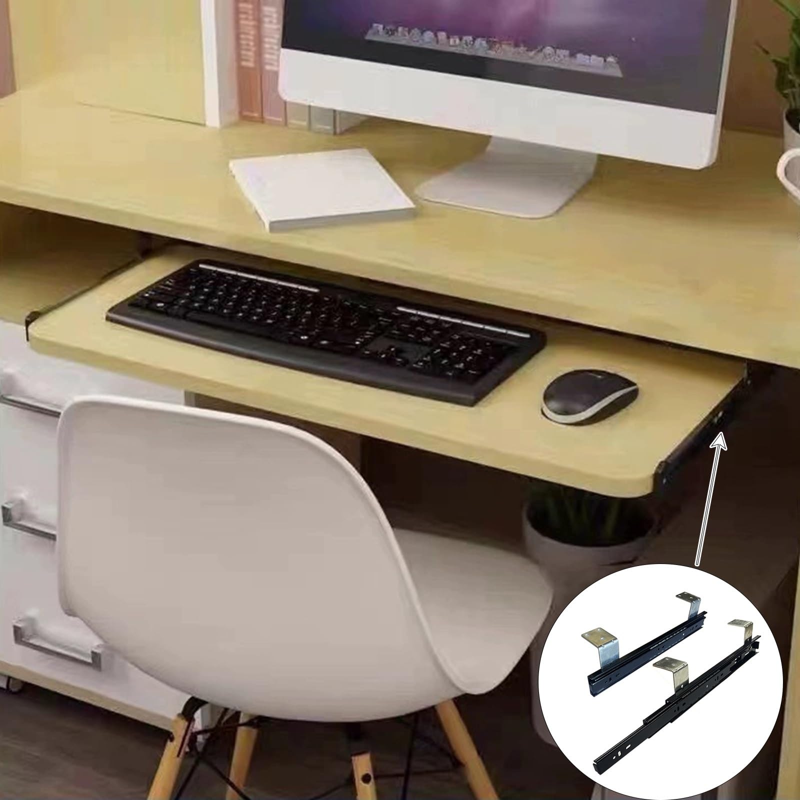 para prowadnic do szuflady pod klawiaturę, 3-sekcyjne prowadnice do szuflad z cichym domykiem i łożyskami kulkowymi, wykonane z żelaza, do biurka, biurka komputerowego (25 cm/9,8 c