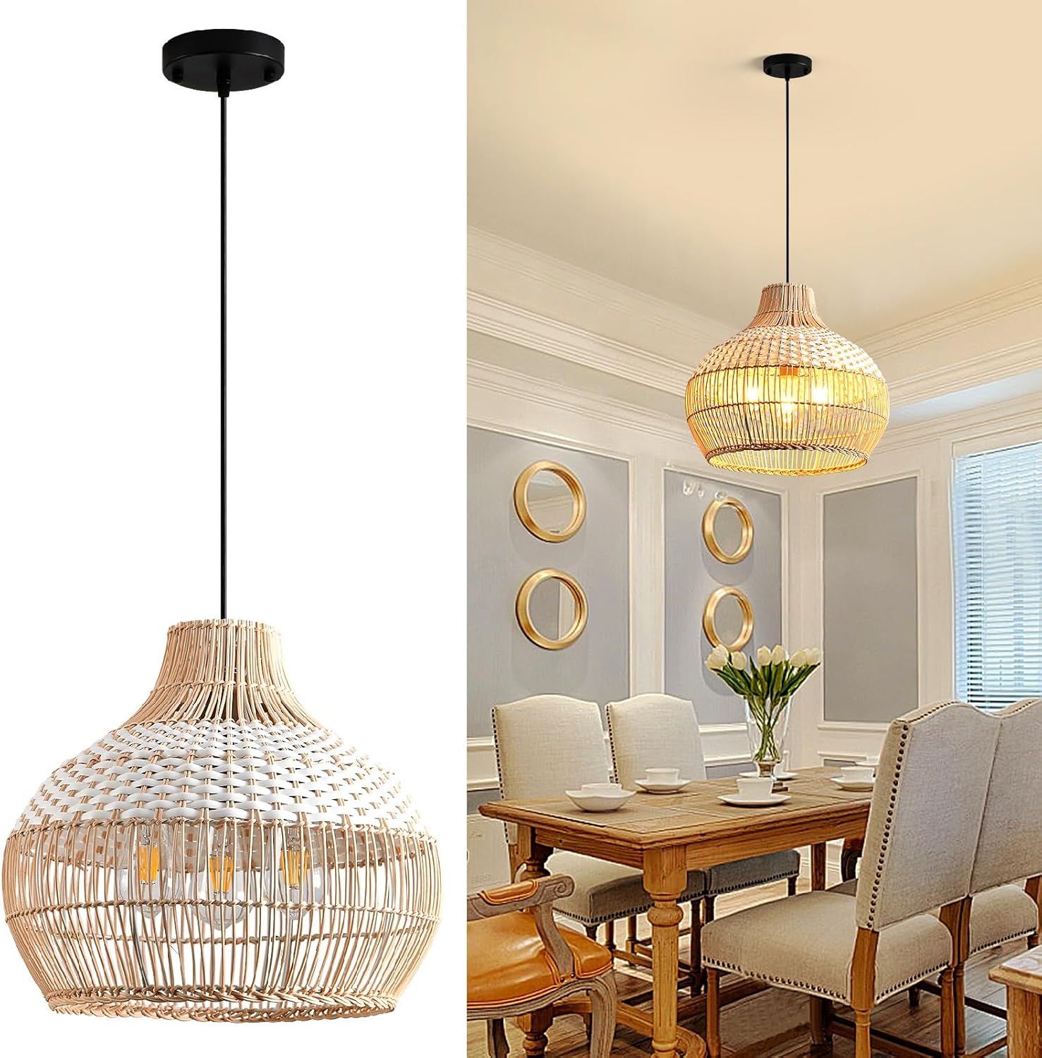 Rattan Chandeliers Dining Room 15.8in Large Boho Lights Fixture White Pendant Lights Kitchen Island Wicker Hanging Lighting Woven Chandelier for Restaurants Living Room Bedroom Foyer