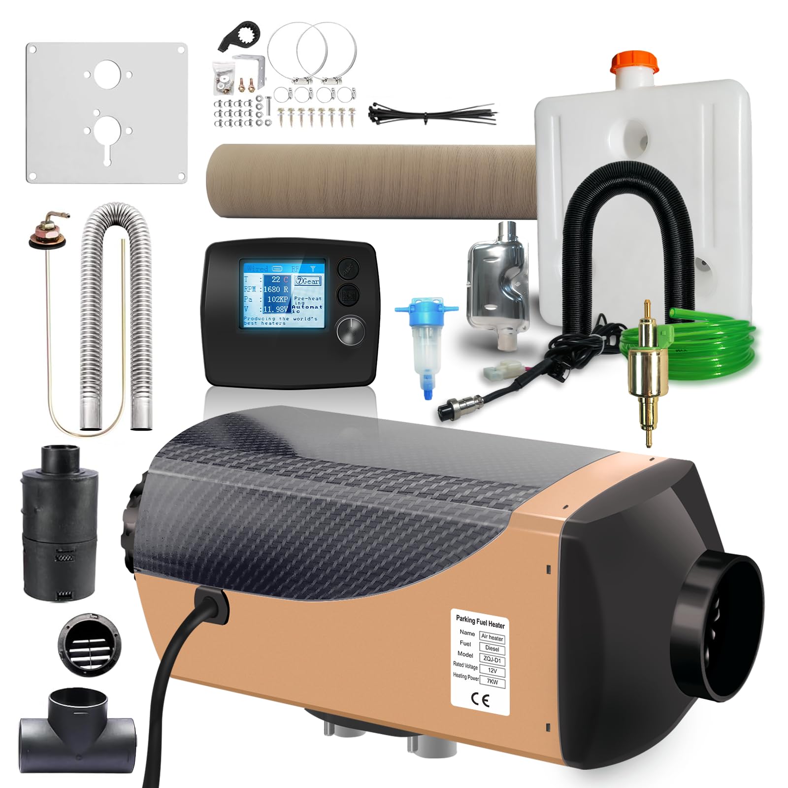 chauffage diesel 12v 7kW, chauffage gasoil, chauffage camping car 12v – avec écran LCD, mode Hautes Altitudes, thermostat automatique pour camions, camping-cars, bateaux