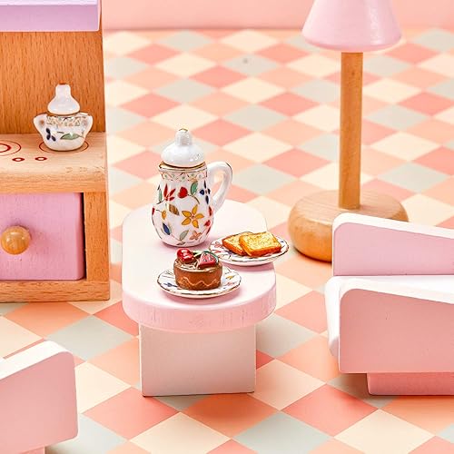 Miniatura 4 de Juego de 30 tazas de té en miniatura de porcelana con diseño de flores, juego de platos de té, accesorios de cocina para casa de muñecas