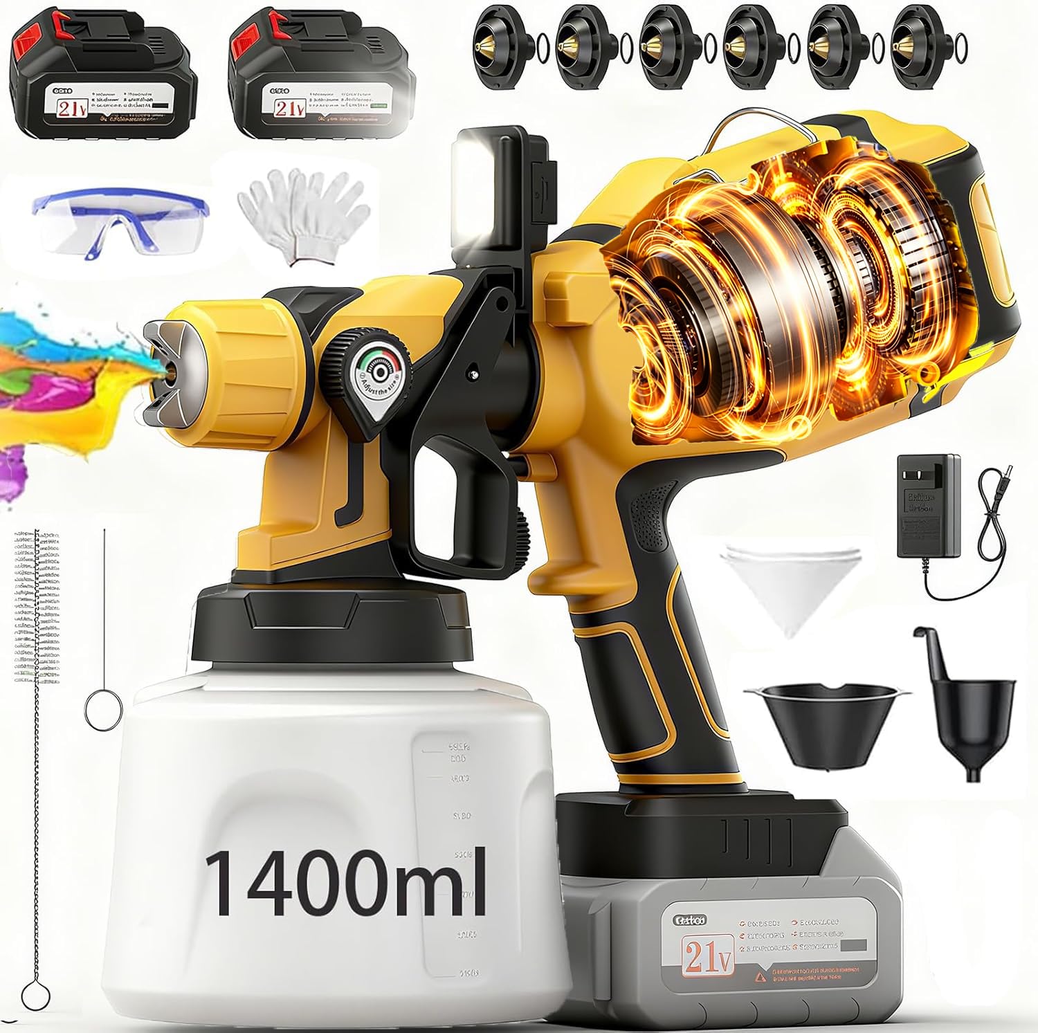 ZICO Cordless Paint Sprayer,1000W Power Motor with LED Light,1400ML Container,6 Brass Nozzles & 4 Modes,Glasses,Gloves,360° Adjustable Flow,for Wall,Ceiling,Shed,Cabinet,Fence,Outdoor & Indoor Use
