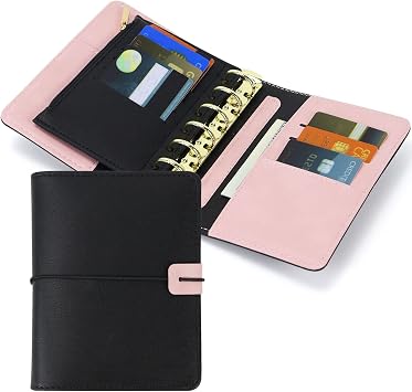 MultiBey A7 PU Leather 6-Ring Binder Cover -Portable A7 Binder Wallet Planner Organizer with Detachable Zipper Pouch, Small Binder Notebook Planner Cover for Work School Only Binder-Black