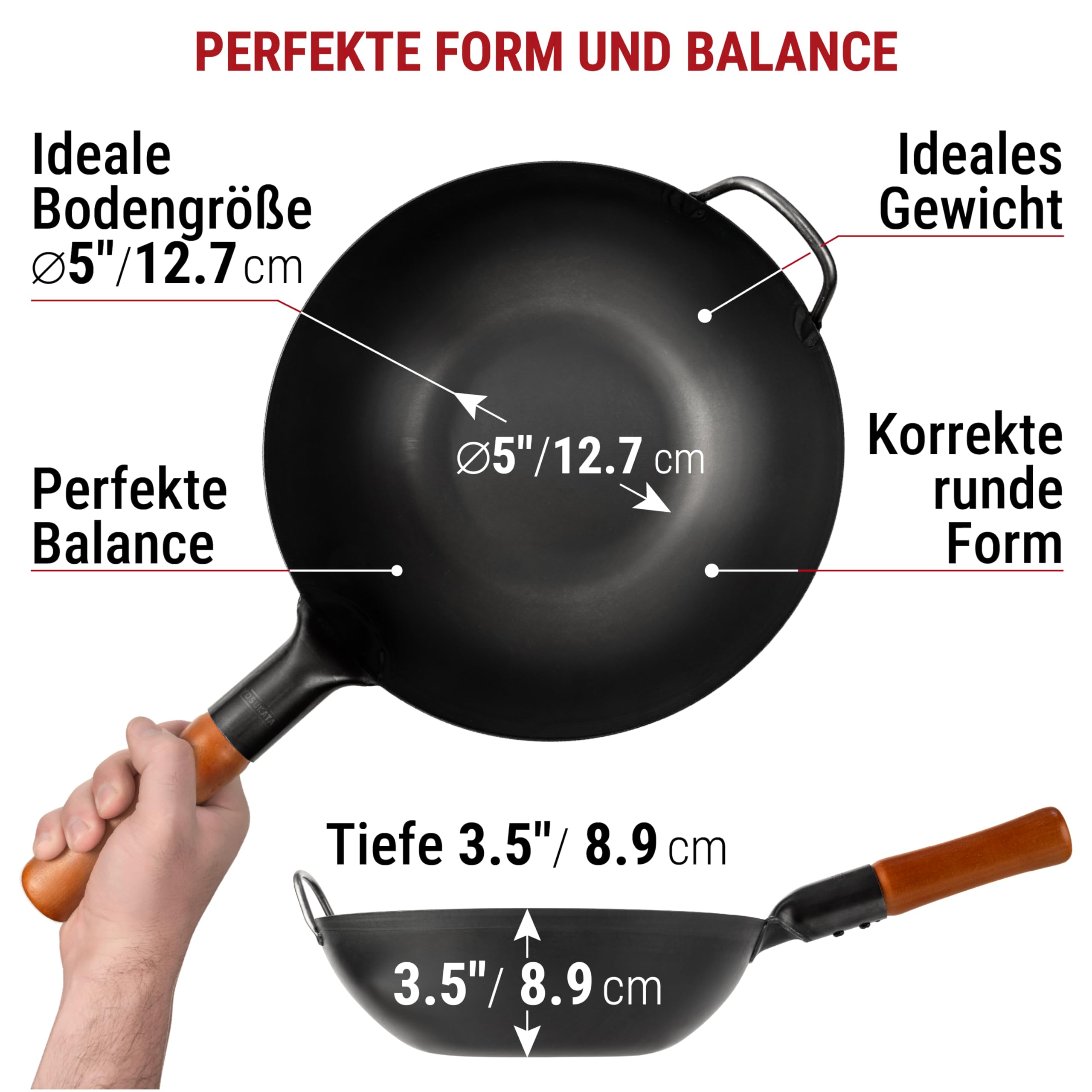 YOSUKATA Flacher Boden Karbonstahl Woks & Wokpfannen 30 cm | Voreingebrannter Wokpfanne - Traditionell Wok für induktionsherd - Kompatibel mit Gas- Elektroherden Grill Induktion Feuer