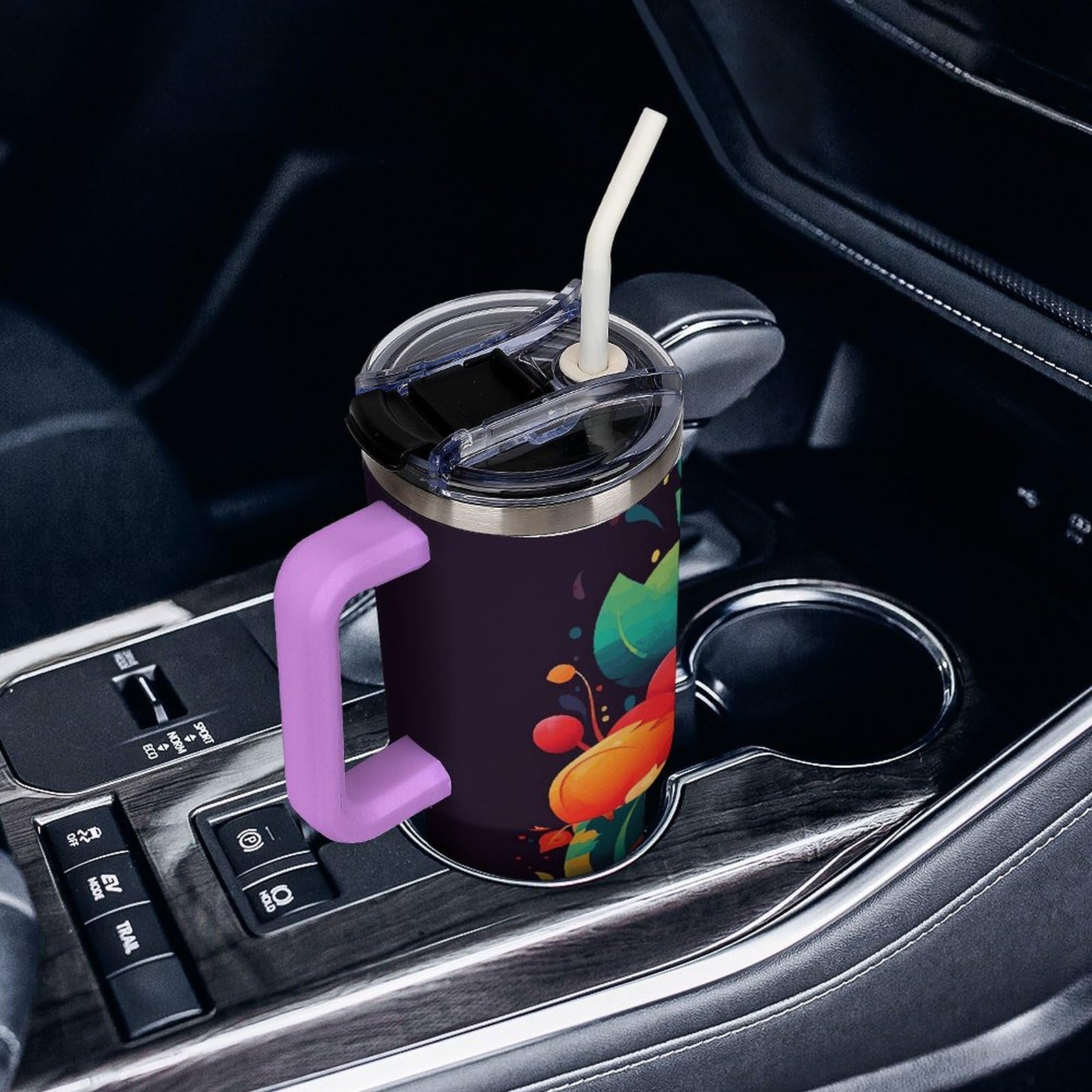 Autobecher aus 304 Edelstahl, bunt, mit Strohhalm und auslaufsicherem Deckel, großes Fassungsvermögen, vakuumisolierter Reisebecher für Auto-Becherhalter, 1,2 l