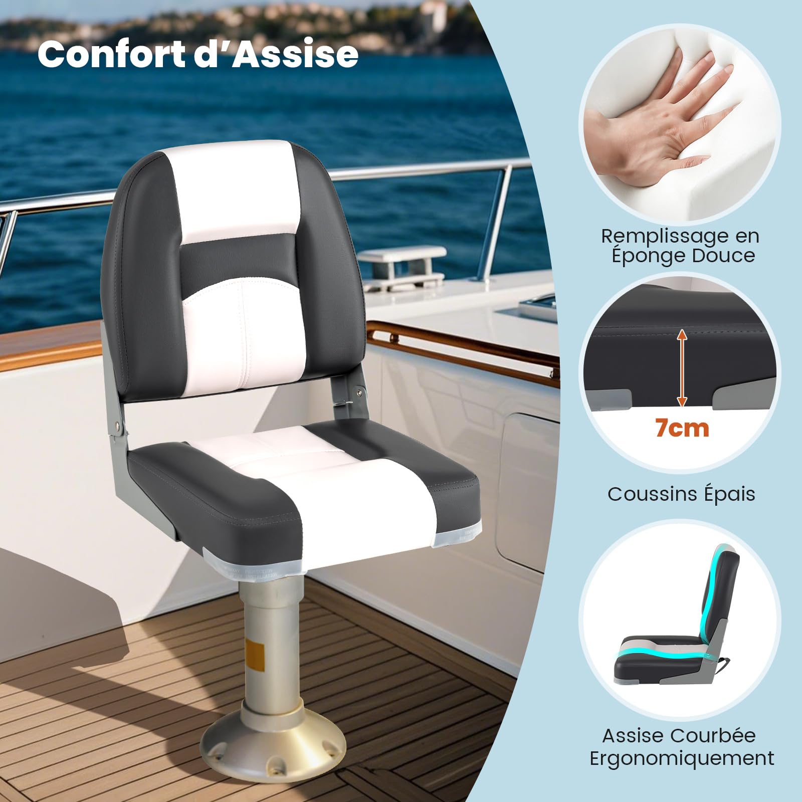 GOPLUS Lot de 2 Sièges de Bateau Dossier Bas, avec Siège de Cabine en Cuir PVC Imperméable, Rembourrage en Éponge, Boulons Fixation, Sièges Rabattables Capitaine de Pêche, Charge 150kg,42 x 49 x 51CM