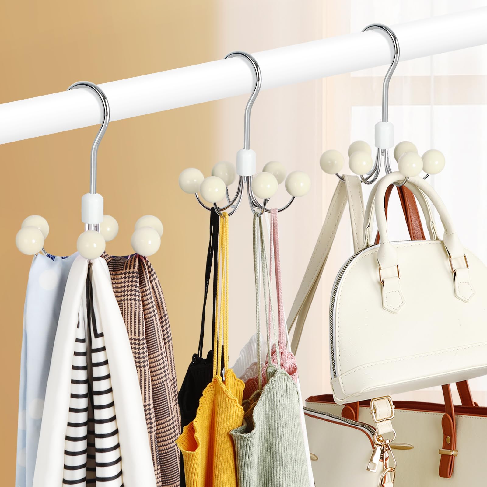 TOPIA HANGER CT43W - Paquete de 2 perchas con 6 bolas de madera, colgador giratorio de 360°, colgador de bufanda, ganchos de armario, organizador de bolso, colgador de brasier, organizadores de