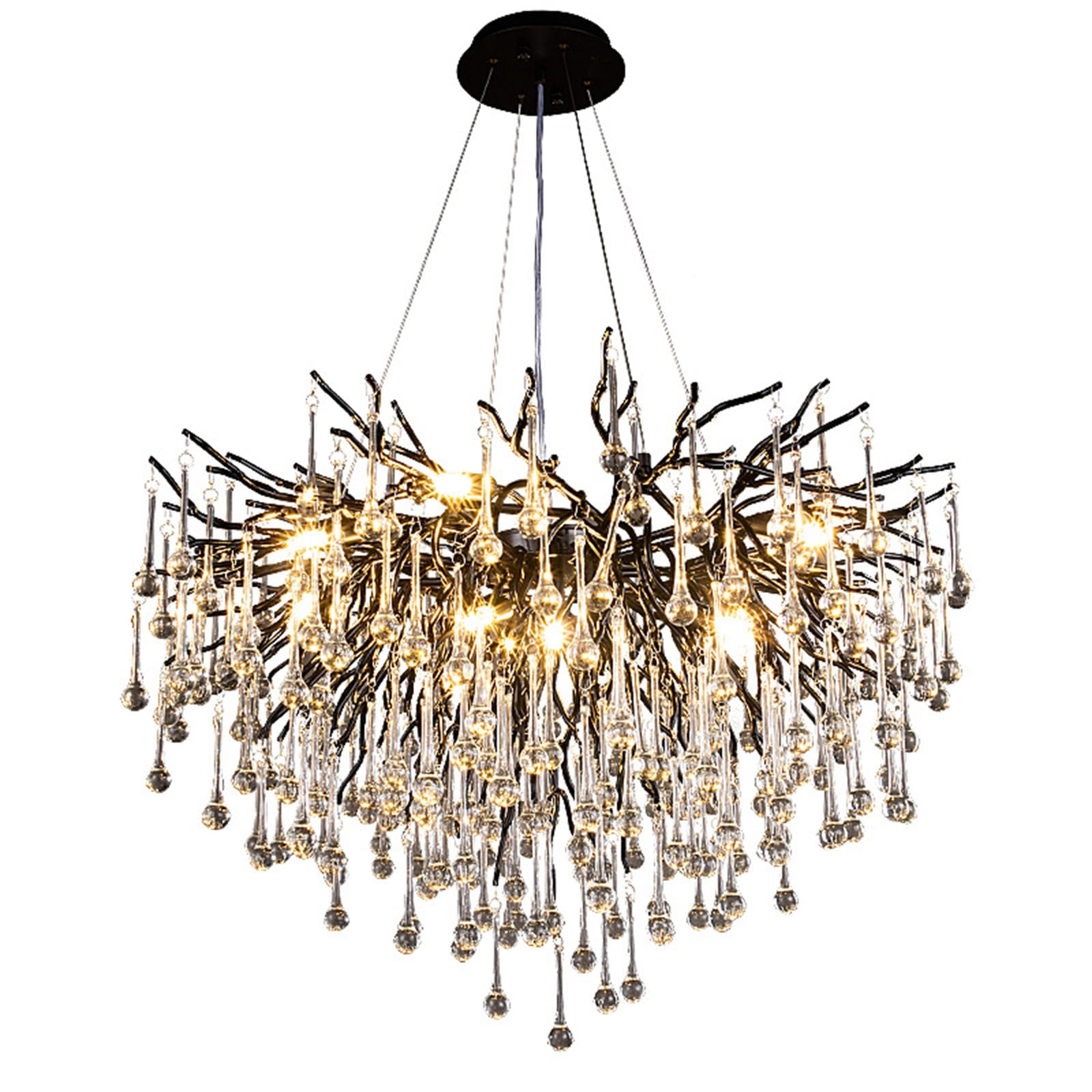 KXEcoLife Tree Branch Chandelier Modern Raindrop Crystal Ceiling Pendant Light Fixtures for Dining Room, Kitchen Island, Bedroom, Living Room,Black,Round D60cm
