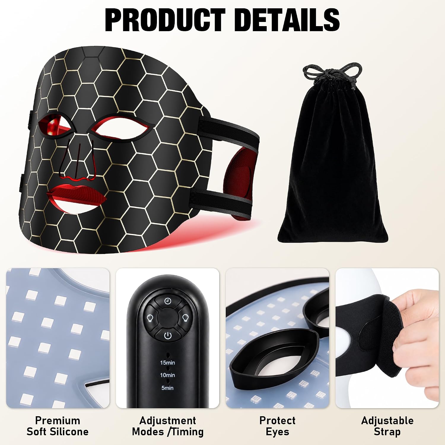 LED Face Mask with 7 Light Modes, 96 3-in-1 LED Chips, Flexible Silicone Facial Mask, Built-in Timer, Cordless & Rechargeable, with Storage Bag for Home Use, Gift for Women
