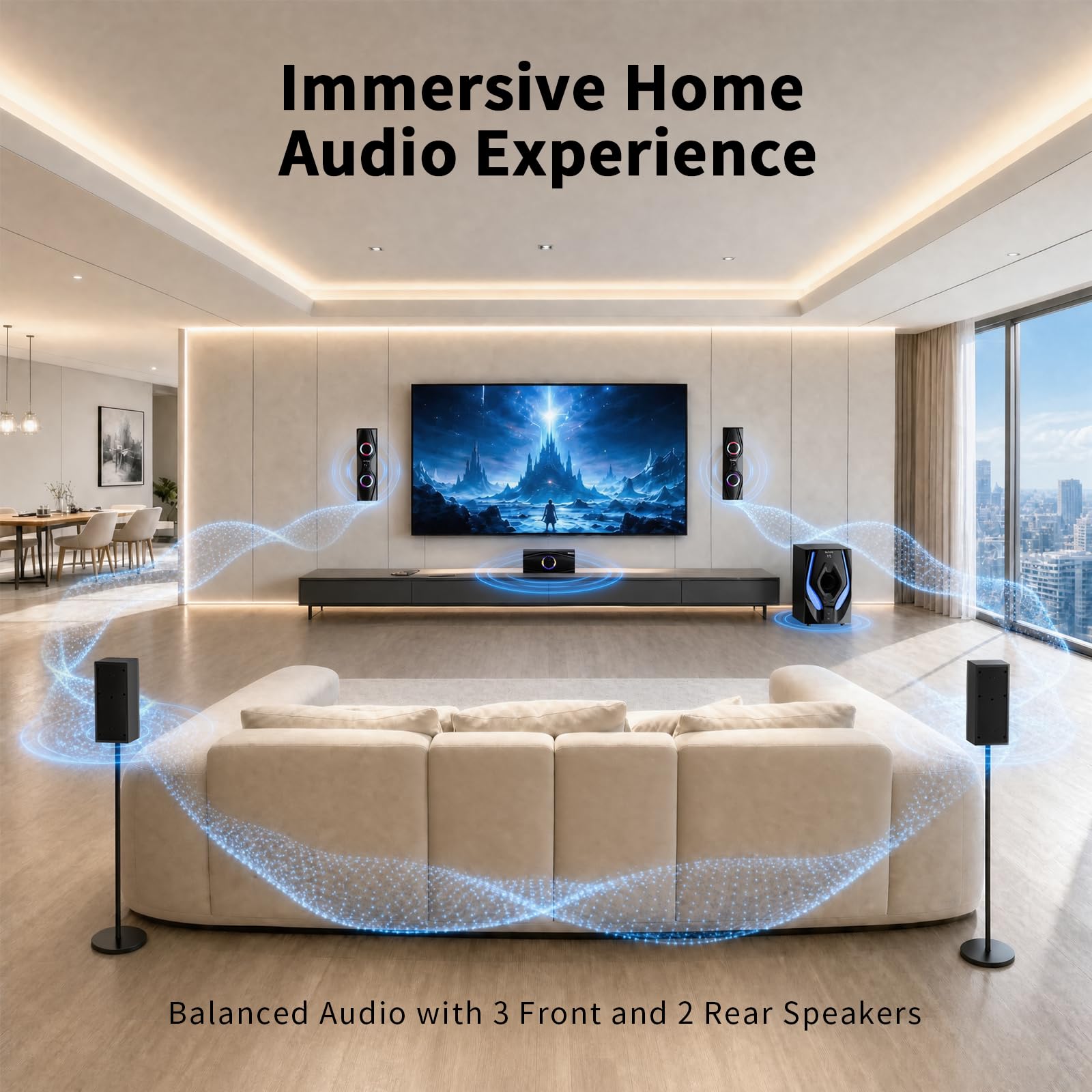 Bobtot Surround Sound Systems Sistema Home Cinema - Potenza di picco 1200 Watt Subwoofer 5.1/2.1 con cavo audio stereo forte altoparlante con ingresso HDMI ARC ottico AUX