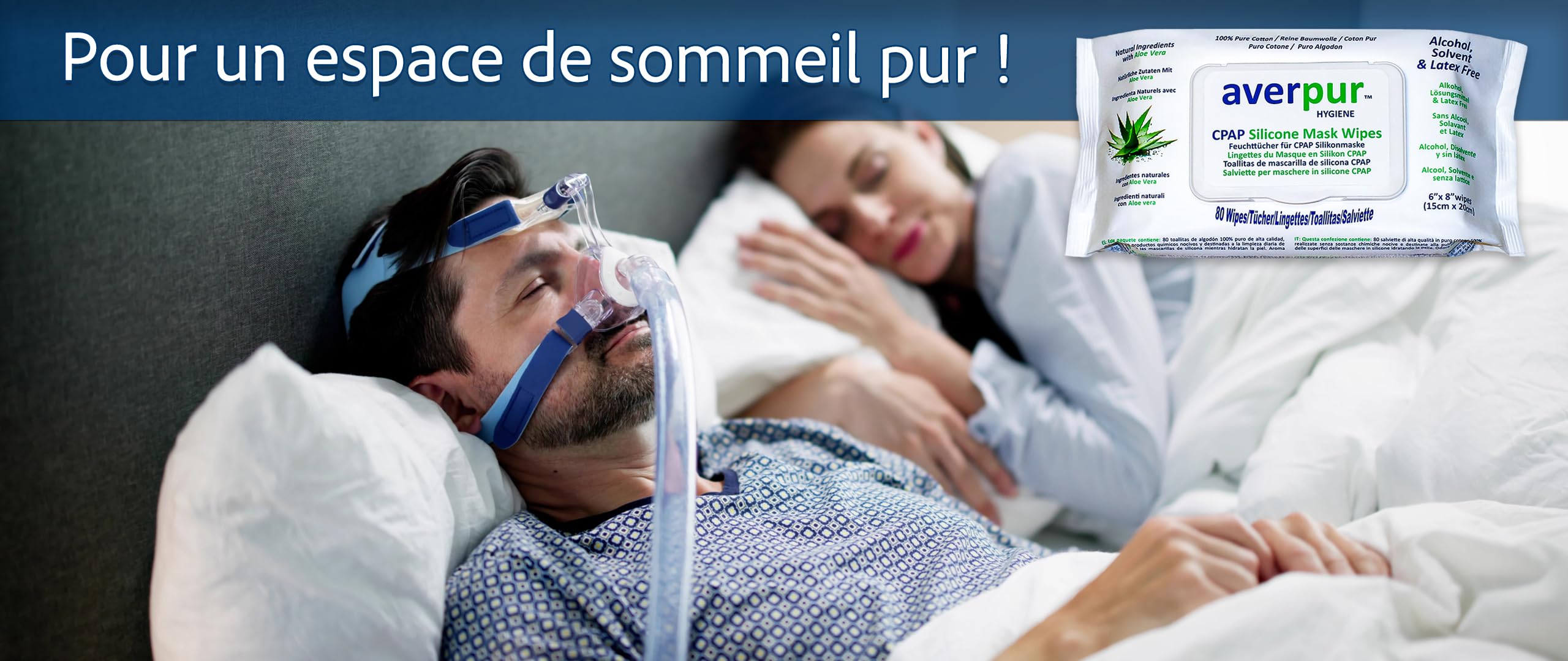 Lingettes nettoyantes CPAP, paquet économique, 3 x 80 lingettes pour masque averpur ™ à l'aloe vera, 100% pur coton