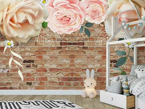 Murwall Floral Wallpaper Pink Rose Wall Mural Faux Brick Wall Art Peony Flower Wall Print Industrial Home Decor Cafe Design